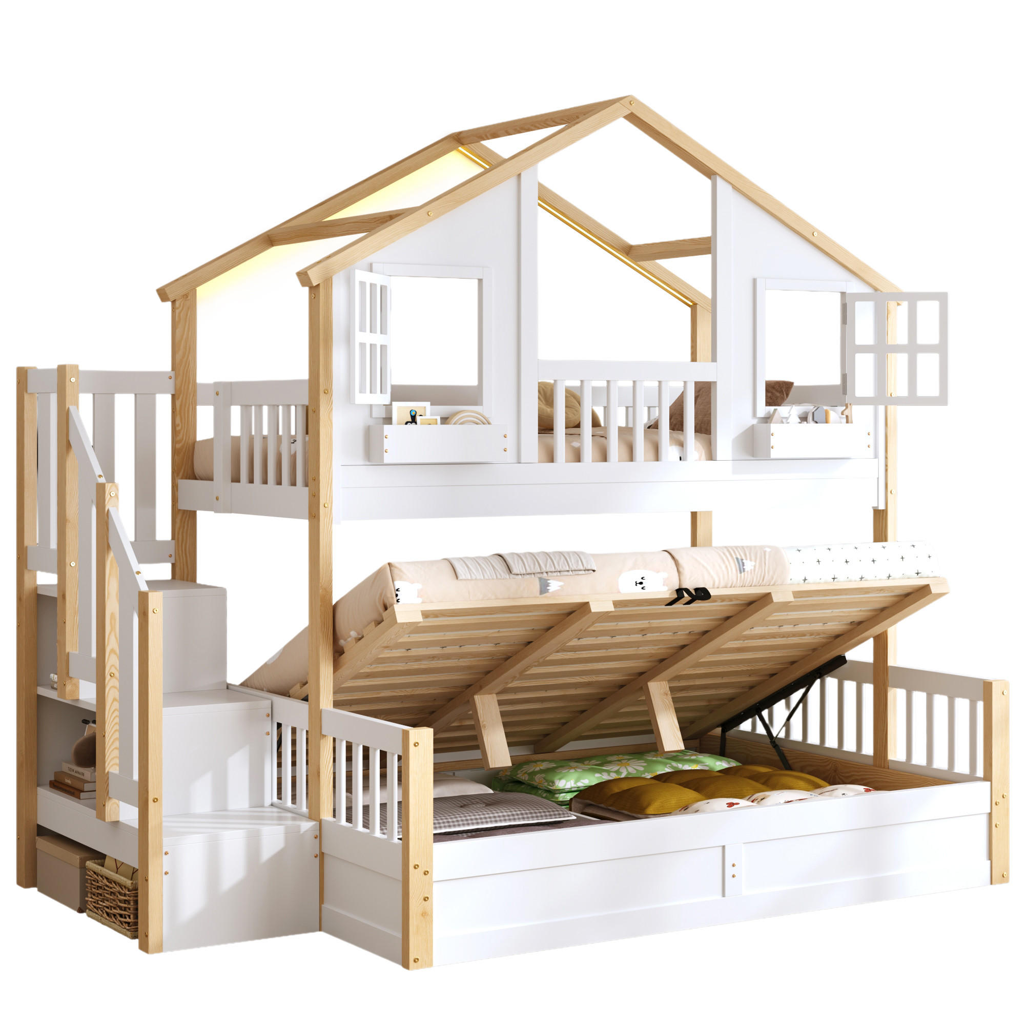ETAGENBETT 90/200 cm & 140/200 cm in Weiß Hausbett mit Stauraumtreppe, Bettkasten und LED - Weiß/Naturfarben, Holzwerkstoff (140/200cm) - STILVORA