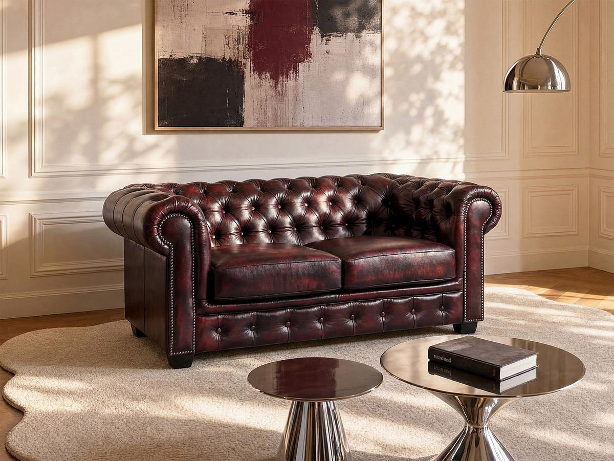 SOFA - 2 Personen - leder - bordeaux Brenton - Bordeaux, Leder (160/73/96cm) - Vente-Unique