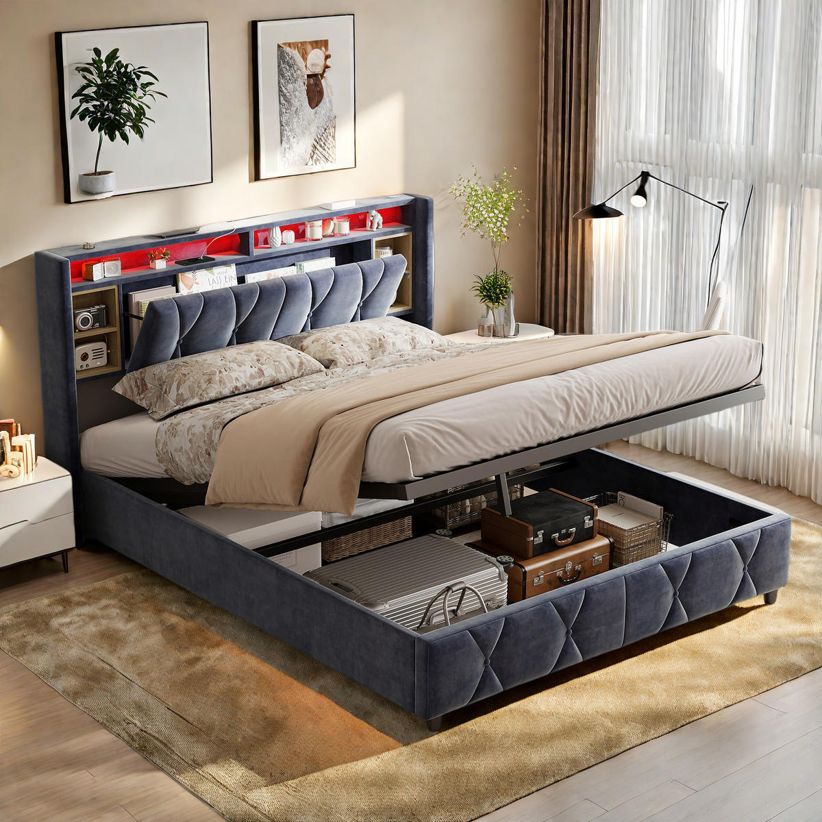 POLSTERBETT 160x200 cm Grau mit LED USB Stauraum - Grau, Metall (160/200cm) - SHOPENTRA