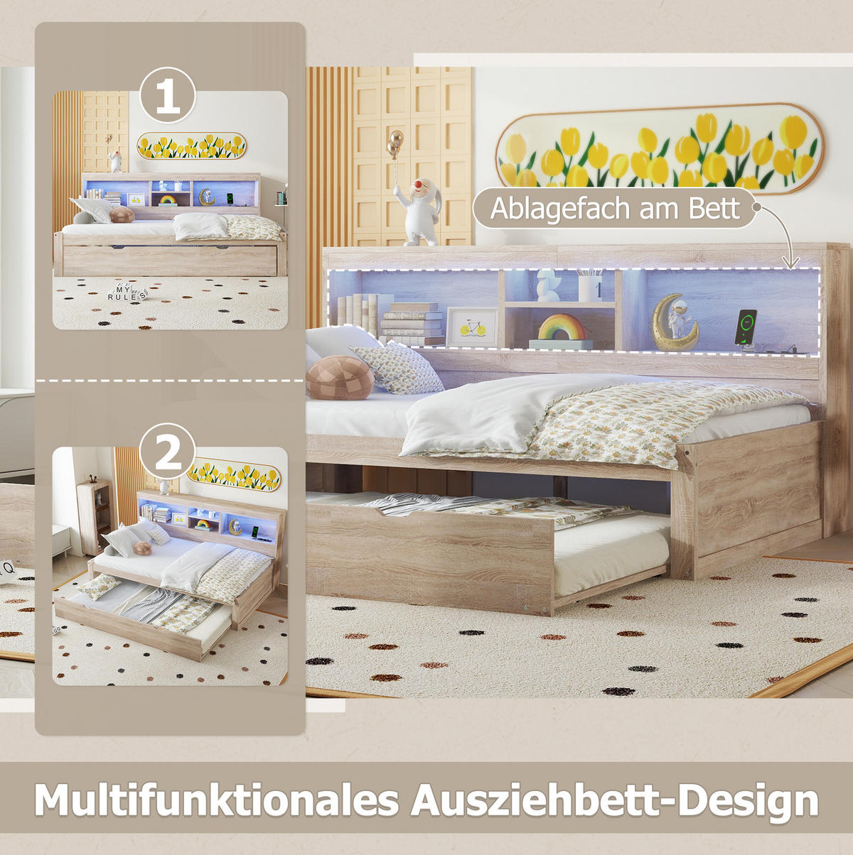 TAGESBETT 90/200 cm aus Holzwerkstoff mit LED-Beleuchtung, Ausziehbett, USB-Anschluss und Stauraum, Natur - Naturfarben, Holzwerkstoff (90/200cm) - Redom