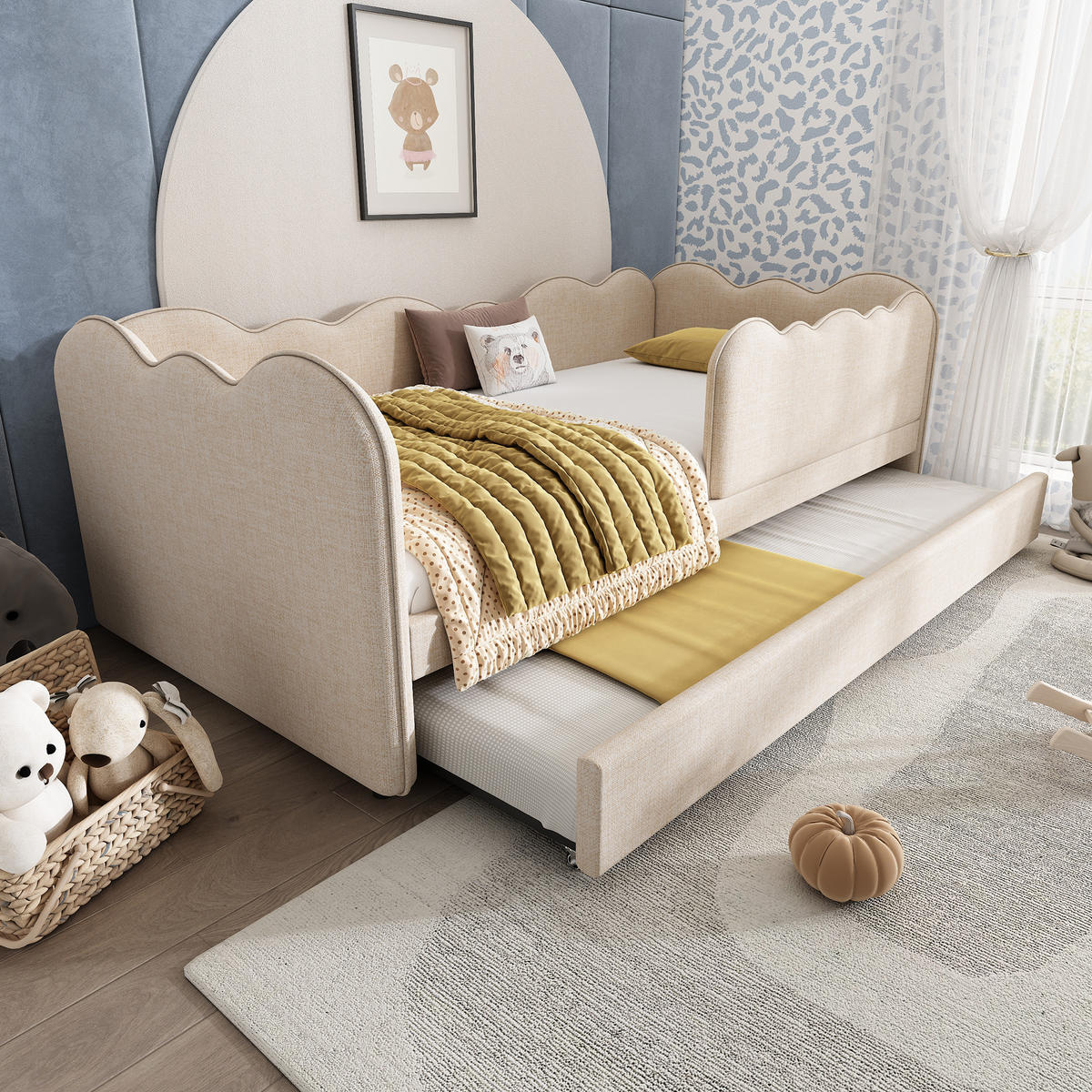 TAGESBETT mit Ausziehbett 90x190 cm Leinen Beige - Beige, Holz (90/190cm) - Meubliv