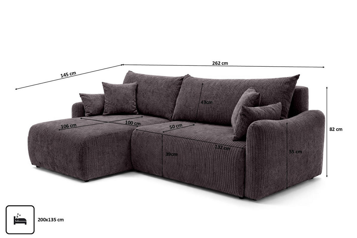 ECKSOFA Mit Schlaffunktion, Cordstoff Poso, Dunkelgrau, Links, JAPANDI - Dunkelgrau, Holz (262/145cm) - Kaiser Möbel