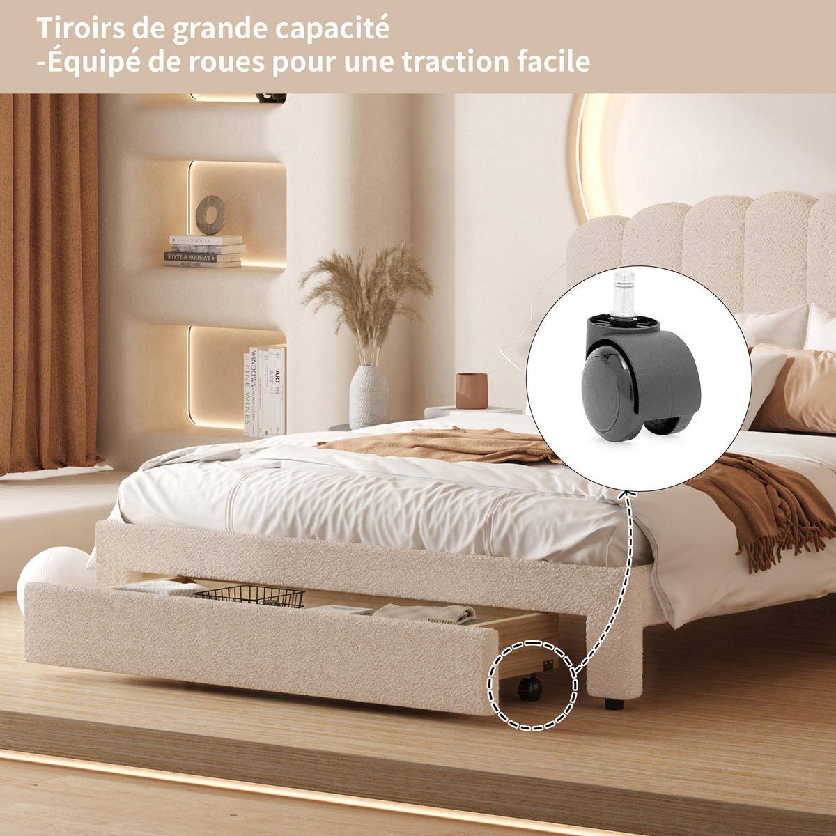 DOPPELBETT 160x200cm beige teddy stauschubladen usb - Beige, Metall - SHOPENTRA