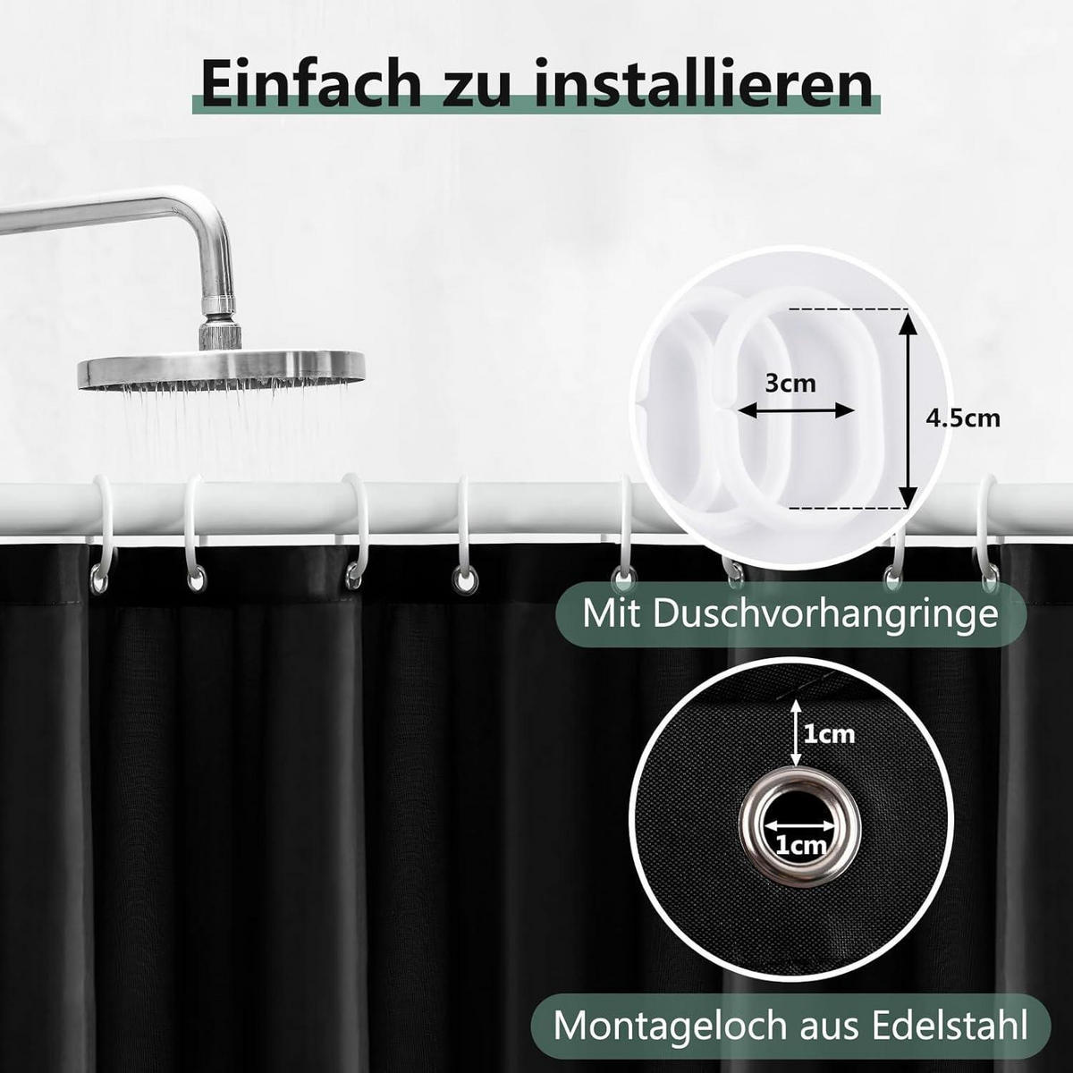 DUSCHVORHANG 180 x 200 cm Schwarz Wasserabweisend Anti-Schimmel - Schwarz, Textil (180/200cm)
