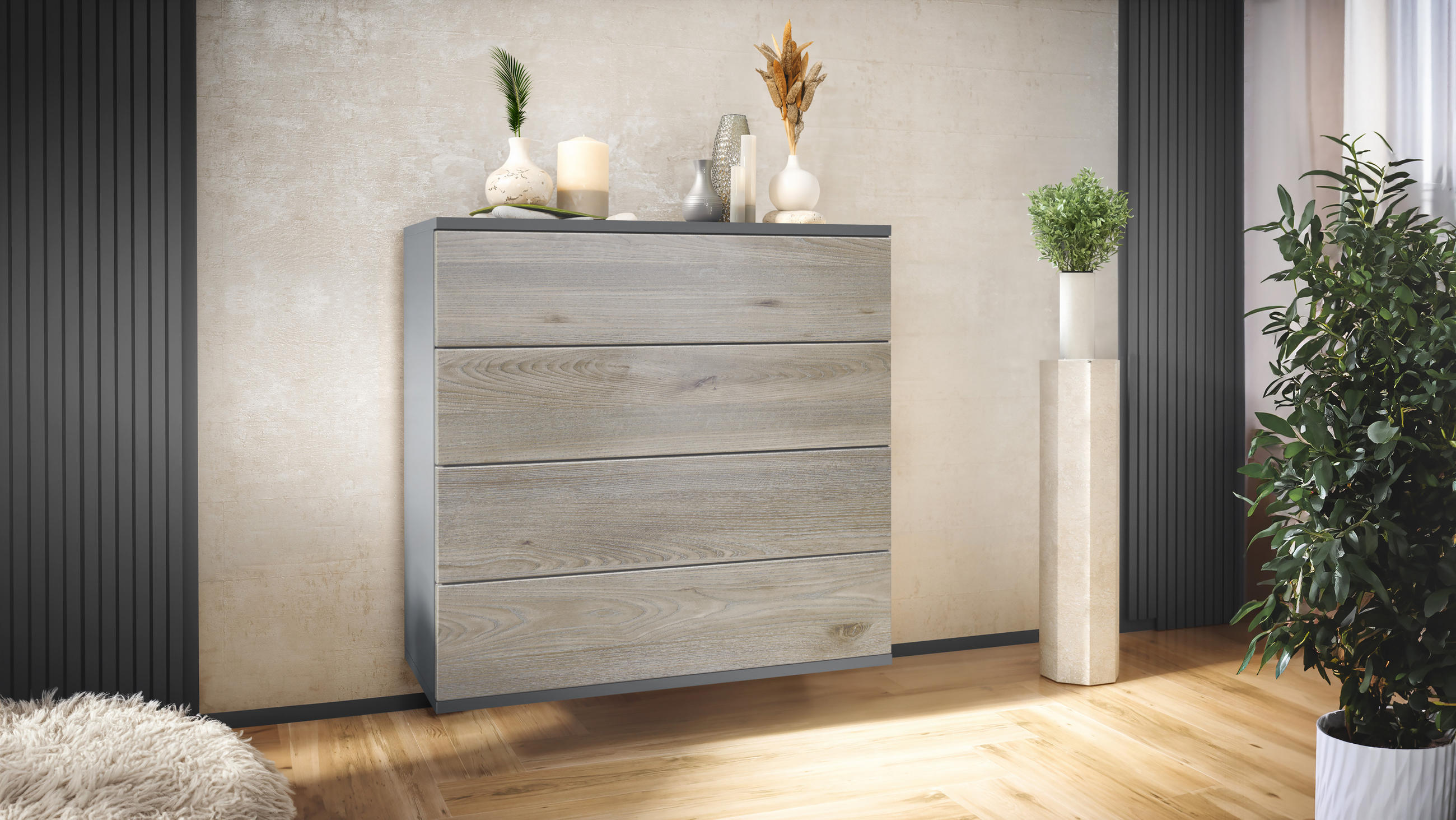 KOMMODE Pavos Eiche Nordic - Silbereichenfarben, Holzwerkstoff (76/76/35cm) - Vladon