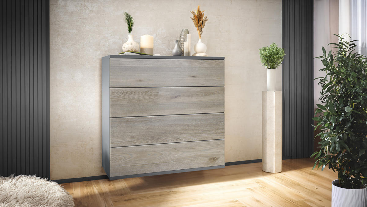 KOMMODE Pavos Eiche Nordic - Silbereichenfarben, Holzwerkstoff (76/76/35cm) - Vladon