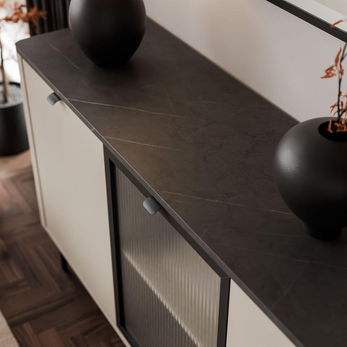 KOMMODE auf Füßen AUTUMN 2D1W mit Glasfront, Kaschmir / Grauer Stein - Beige, Holzwerkstoff (160/82/40cm) - Lookway