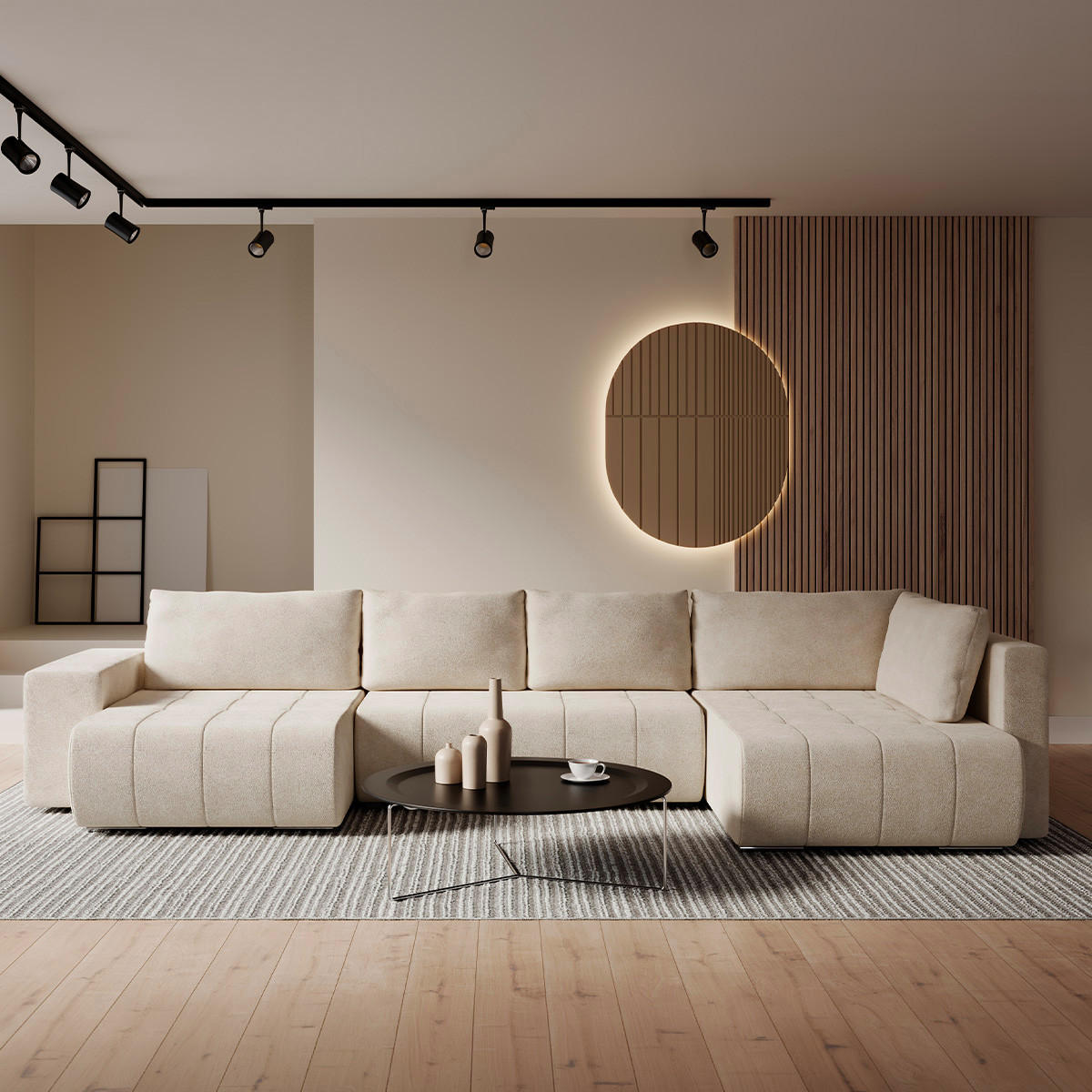 PANORAMASOFA Sergio 5 Sitzplätze Beige - Beige, Holz (392/82/185cm) - Petits-meubles