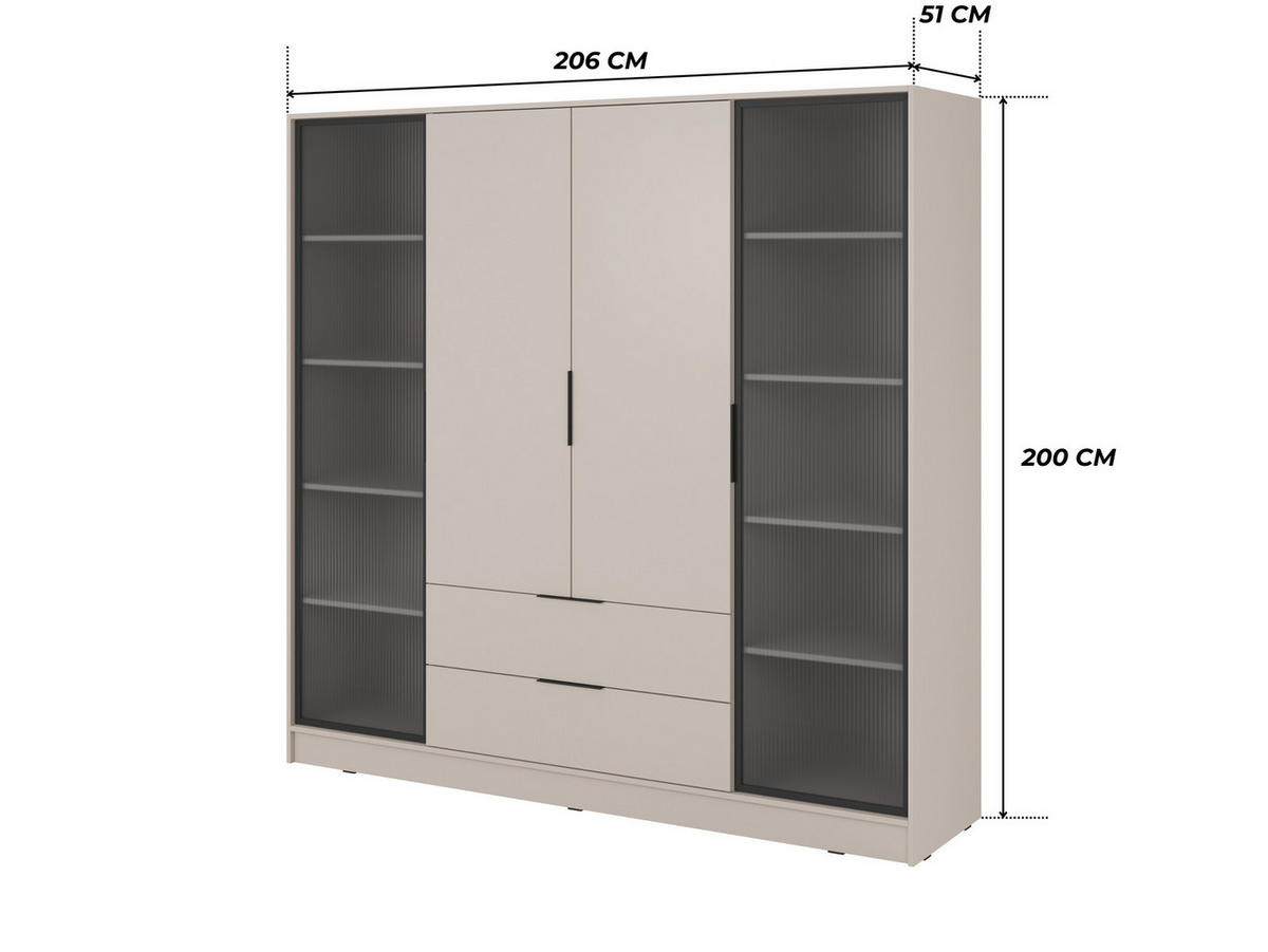 KLEIDERSCHRANK RICADI 4D RD (Kaschmir, Riffelglas, 4 Türen, 2 Schubladen, Kunststoffgriffe) - Kaschmir/Schwarz, Holz/Holzwerkstoff (206/200/51cm) - Ravio