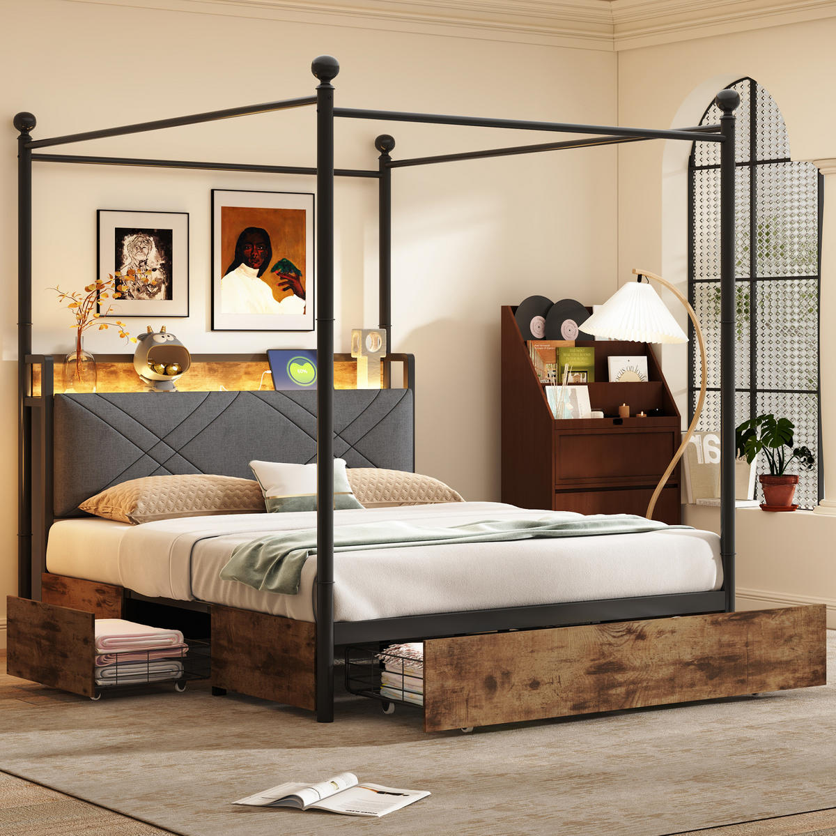 METALLBETT 140/190 cm mit LED-Beleuchtung, Stauraum und USB- und Type-C-Anschlüssen - Schwarz, Metall (140/190cm) - Flora Grace