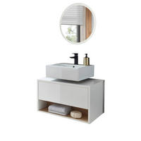 Badmöbel Set 2-teilig in weiß Hochglanz und Eiche mit LED Beleuchtung 80 x 190 cm Glide - Weiß Hochglanz/Eichefarben, Glas/Holzwerkstoff (80/190/46cm) - Furn.Design