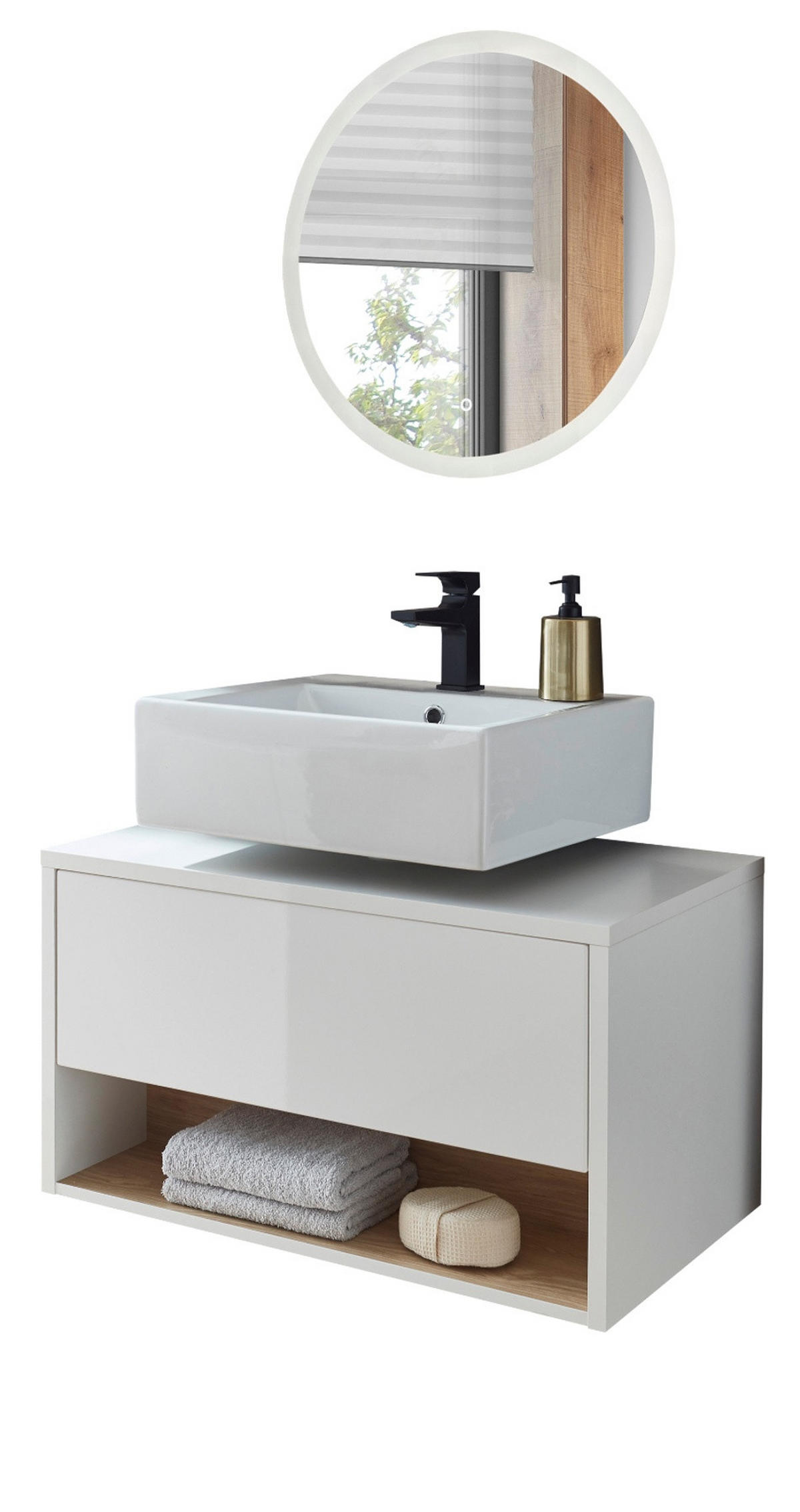 Badmöbel Set 2-teilig in weiß Hochglanz und Eiche mit LED Beleuchtung 80 x 190 cm Glide - Weiß Hochglanz/Eichefarben, Glas/Holzwerkstoff (80/190/46cm) - Furn.Design