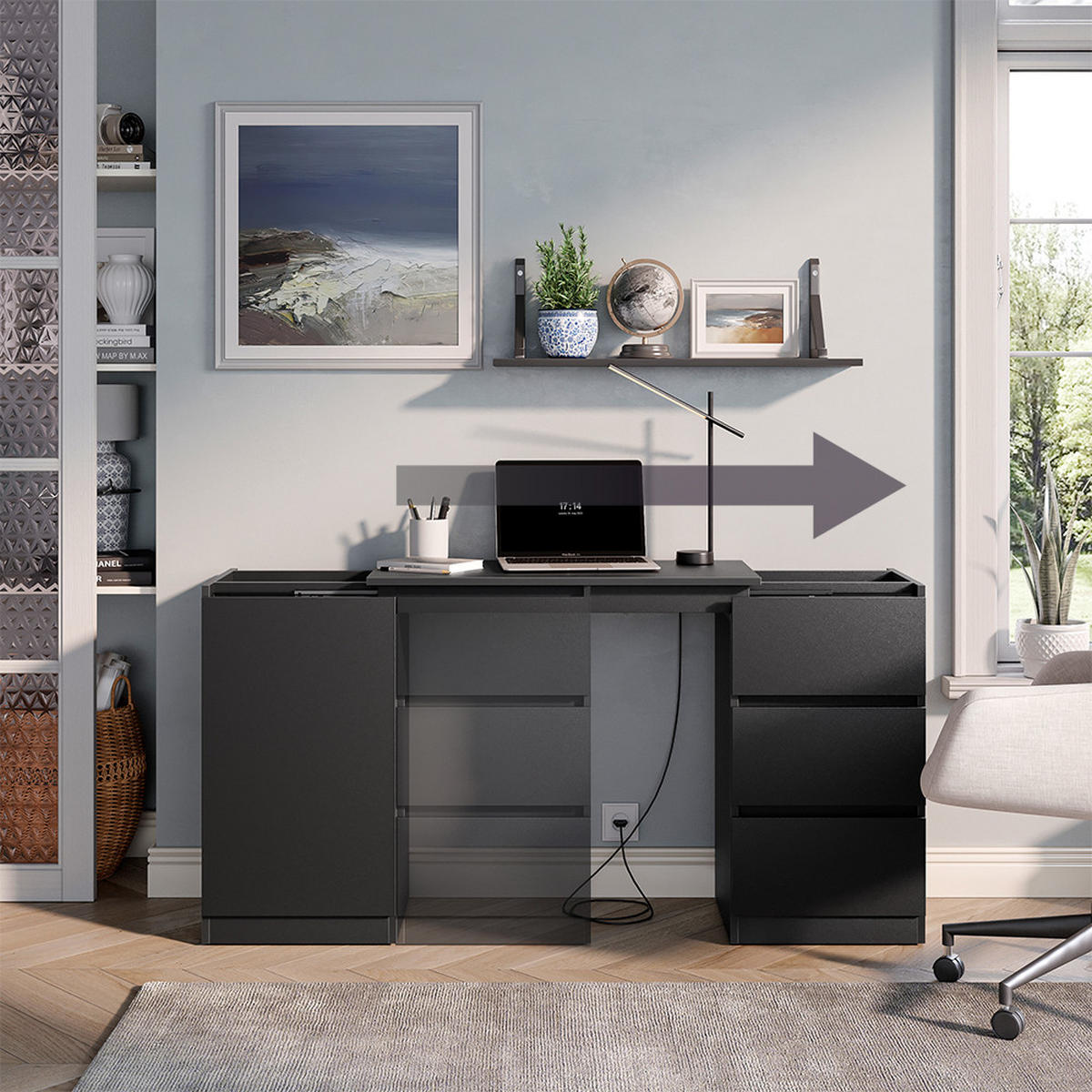 KOMMODE MIT SCHREIBTISCHFUNKTION Varino, Schwarz, 80 x 75.5 cm ausziehbar - Schwarz, Holzwerkstoff (80/75.5/40cm) - Vicco