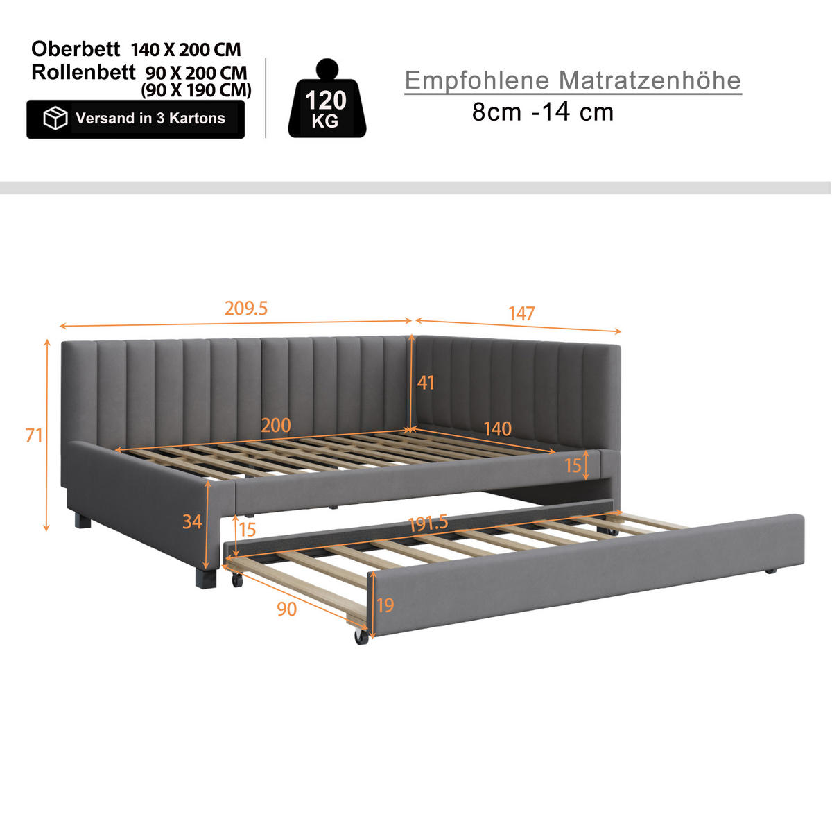 BETT 209,5/147/71 cm mit ausziehbarem Bett & Kopfteil Samt Grau - Grau, Leder (140/200cm) - OKWISH