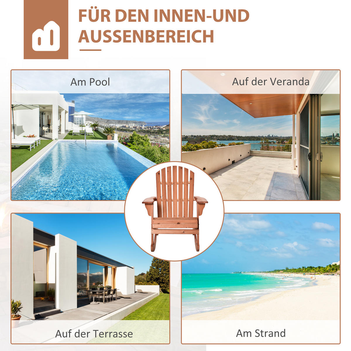 ADIRONDACK Gartenstuhl Schaukelstuhl Schaukelsessel Balkonstuhl Natur - Naturfarben, Holz (94/97/77cm) - Outsunny