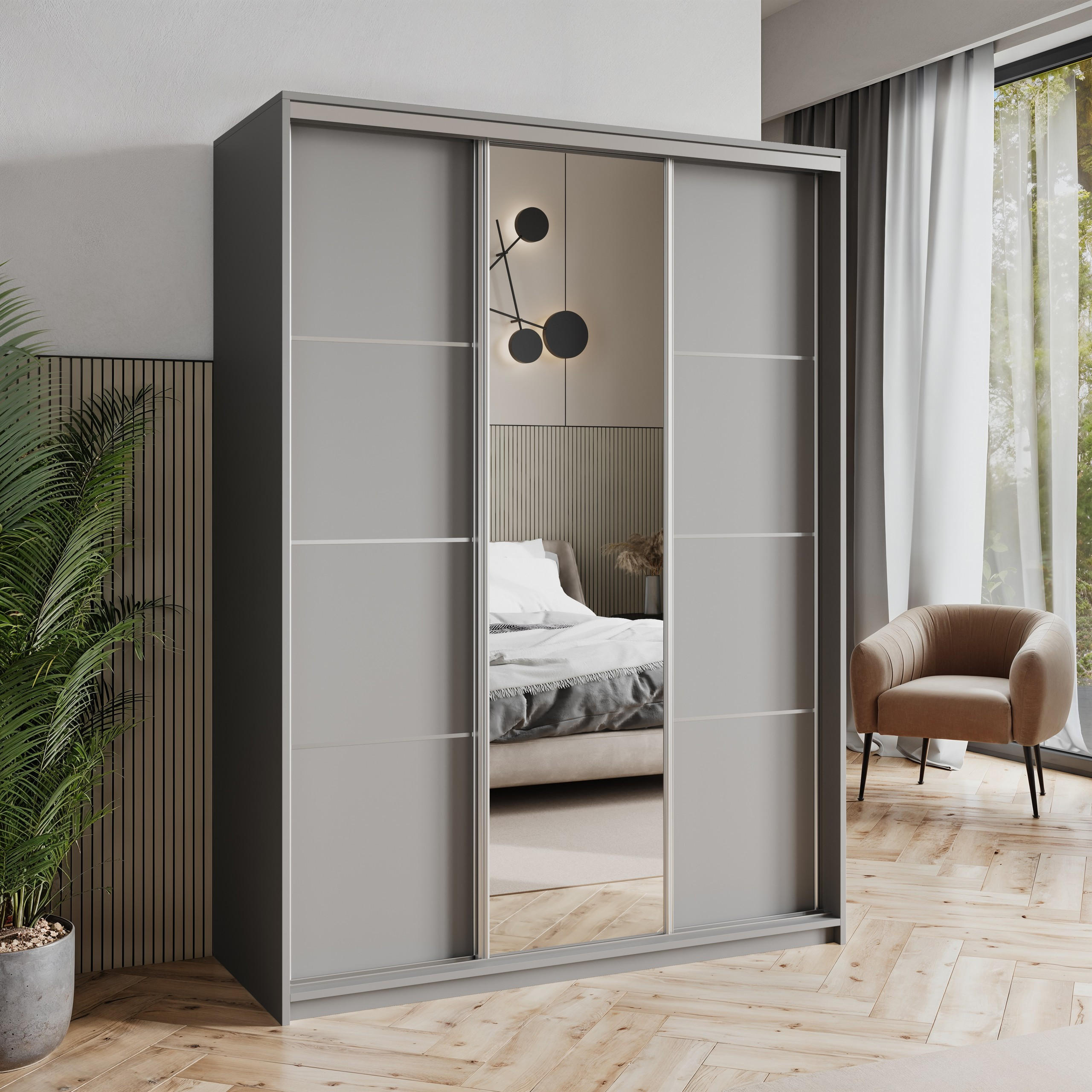 SCHWEBETÜRENSCHRANK VARO 150/205/60 cm 3-türig mit Spiegel Graphitfarben - Graphitfarben, Holzwerkstoff (150/205/60cm) - MASSENO