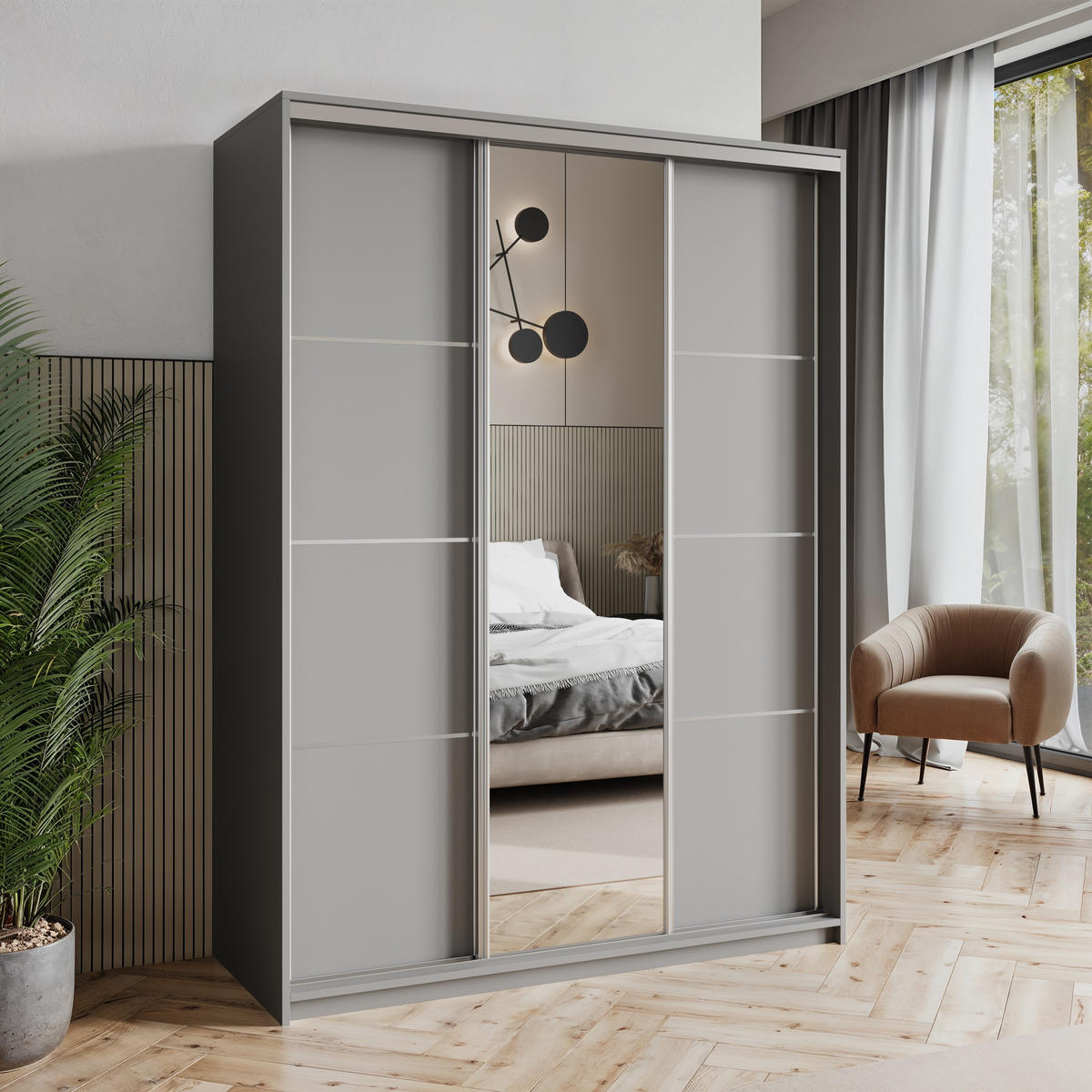 SCHWEBETÜRENSCHRANK VARO 150/205/60 cm 3-türig mit Spiegel Graphitfarben - Graphitfarben, Holzwerkstoff (150/205/60cm) - MASSENO