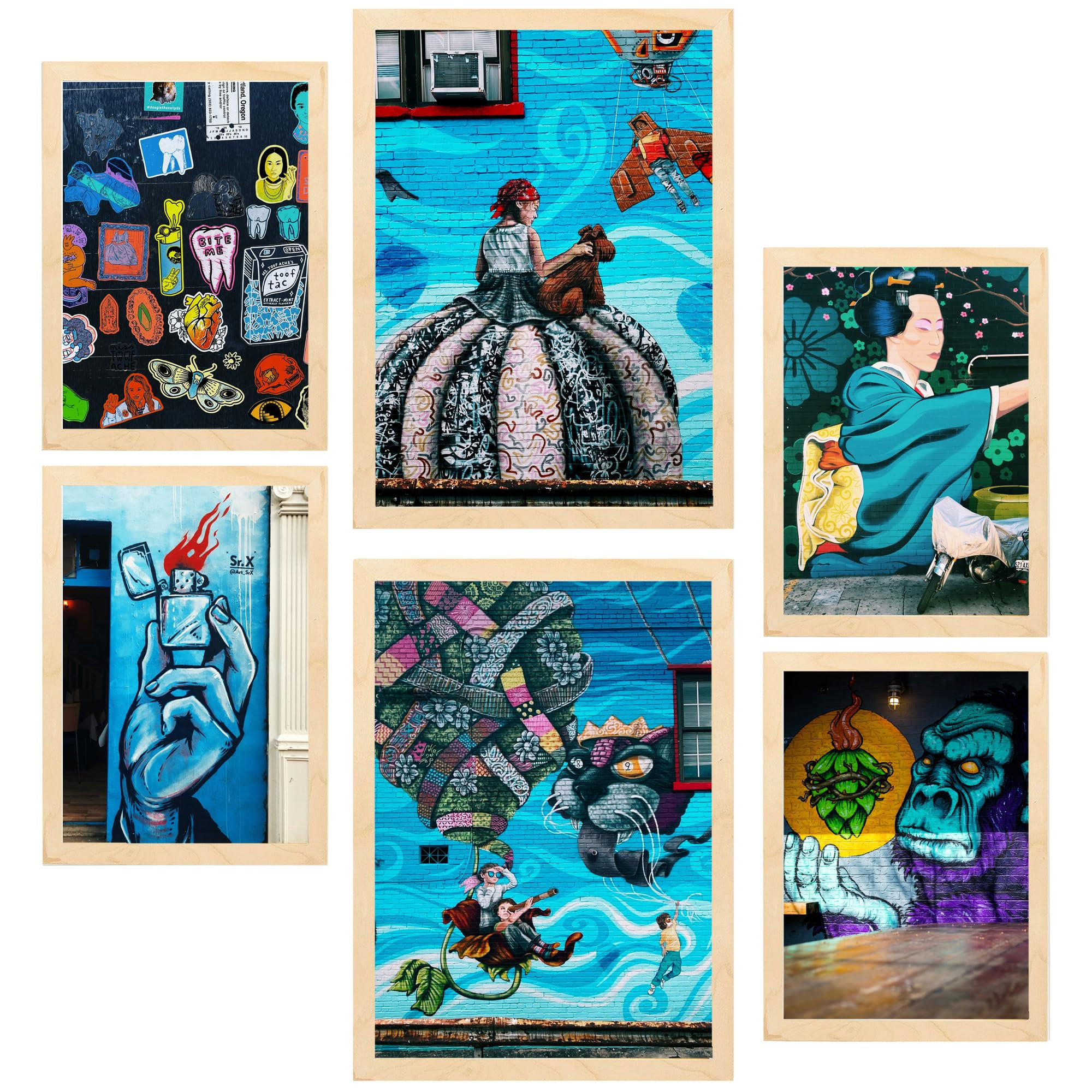 POSTER Set Mit 6 Türkisfarbenes Graffiti Blau Straßenkunst A3 & A4 Rahmen Aus Hellem Holz - Beige, Papier (29/3cm) - Nacnic