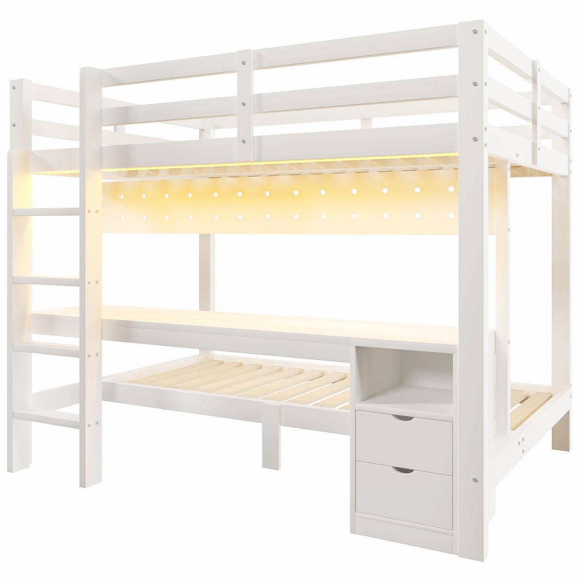 HOCHBETT 90/140/200 cm mit Schubladen, Schreibtisch und LED-Lichtleiste, Weiß/Natur - Weiß, Holz (90/200cm) - Redom