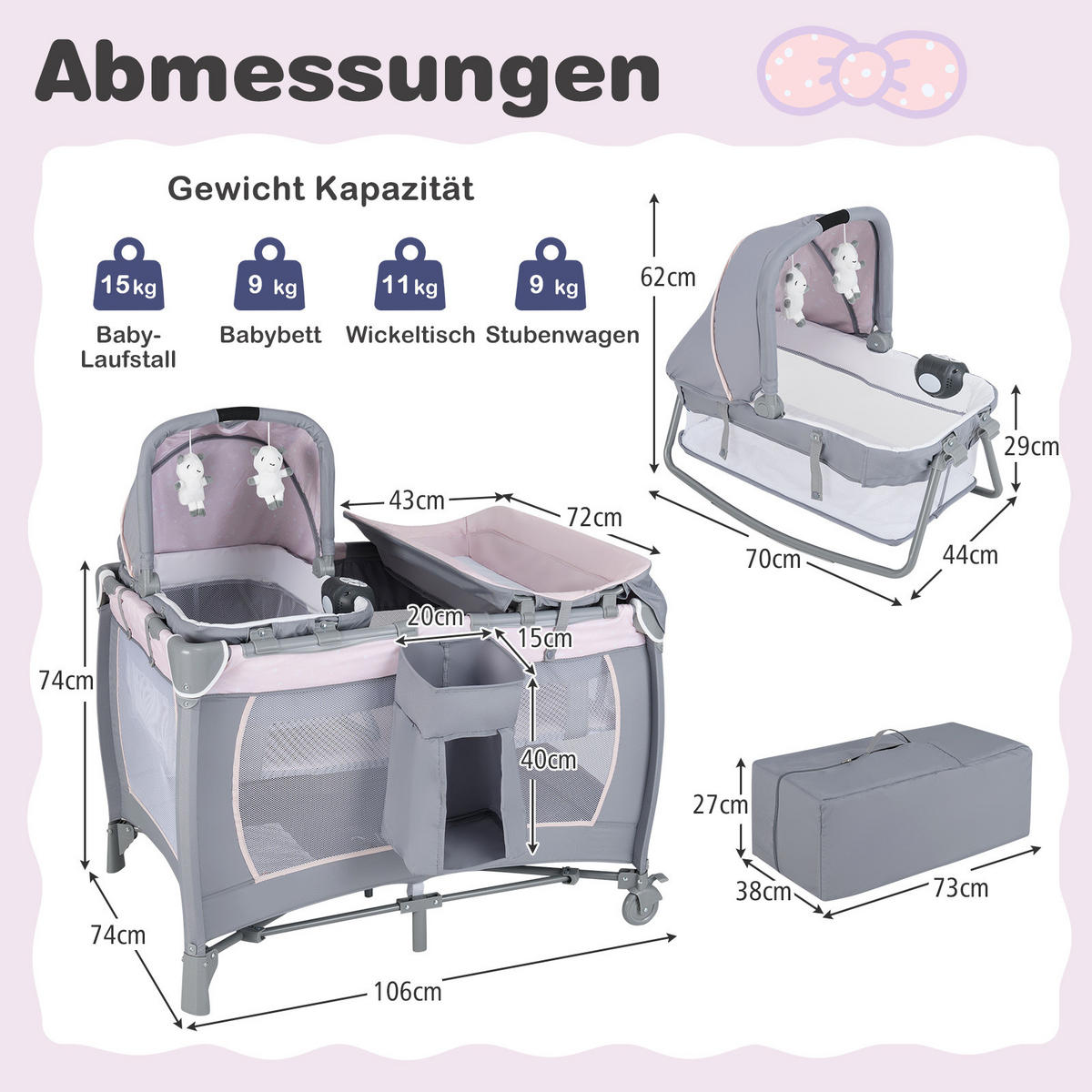 BABYBETT mit Matratze rosa - Pink, Textil - COSTWAY