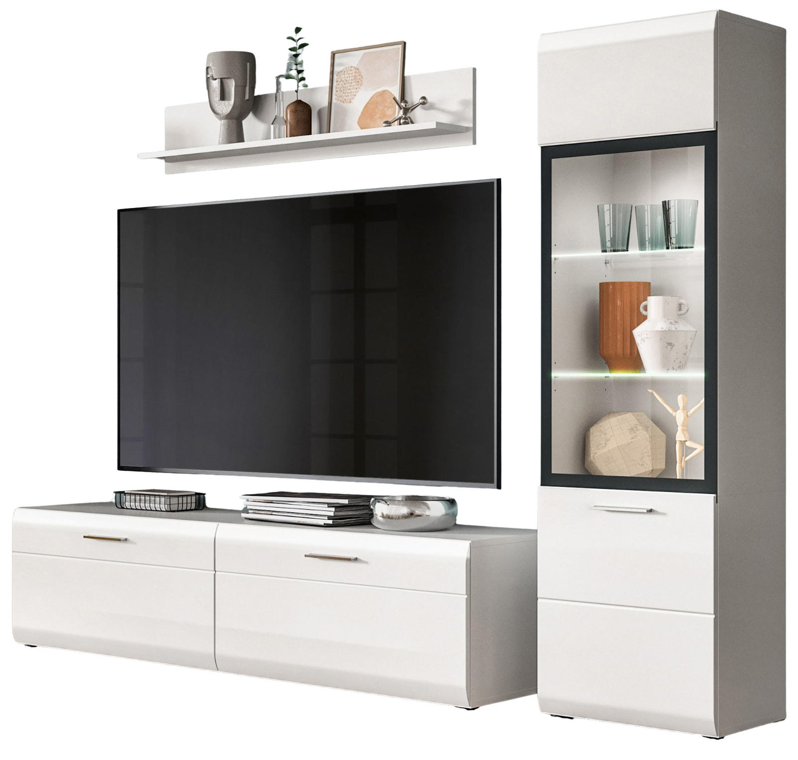 WOHNWAND weiß Hochglanz 3-teilig 220 cm, Schrankwand mit viel Stauraum - Weiß Hochglanz/Silberfarben, Glas/Holzwerkstoff (220/160/41cm) - Inn.Furn