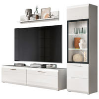 WOHNWAND weiß Hochglanz 3-teilig 220 cm, Schrankwand mit viel Stauraum - Weiß Hochglanz/Silberfarben, Glas/Holzwerkstoff (220/160/41cm) - Inn.Furn