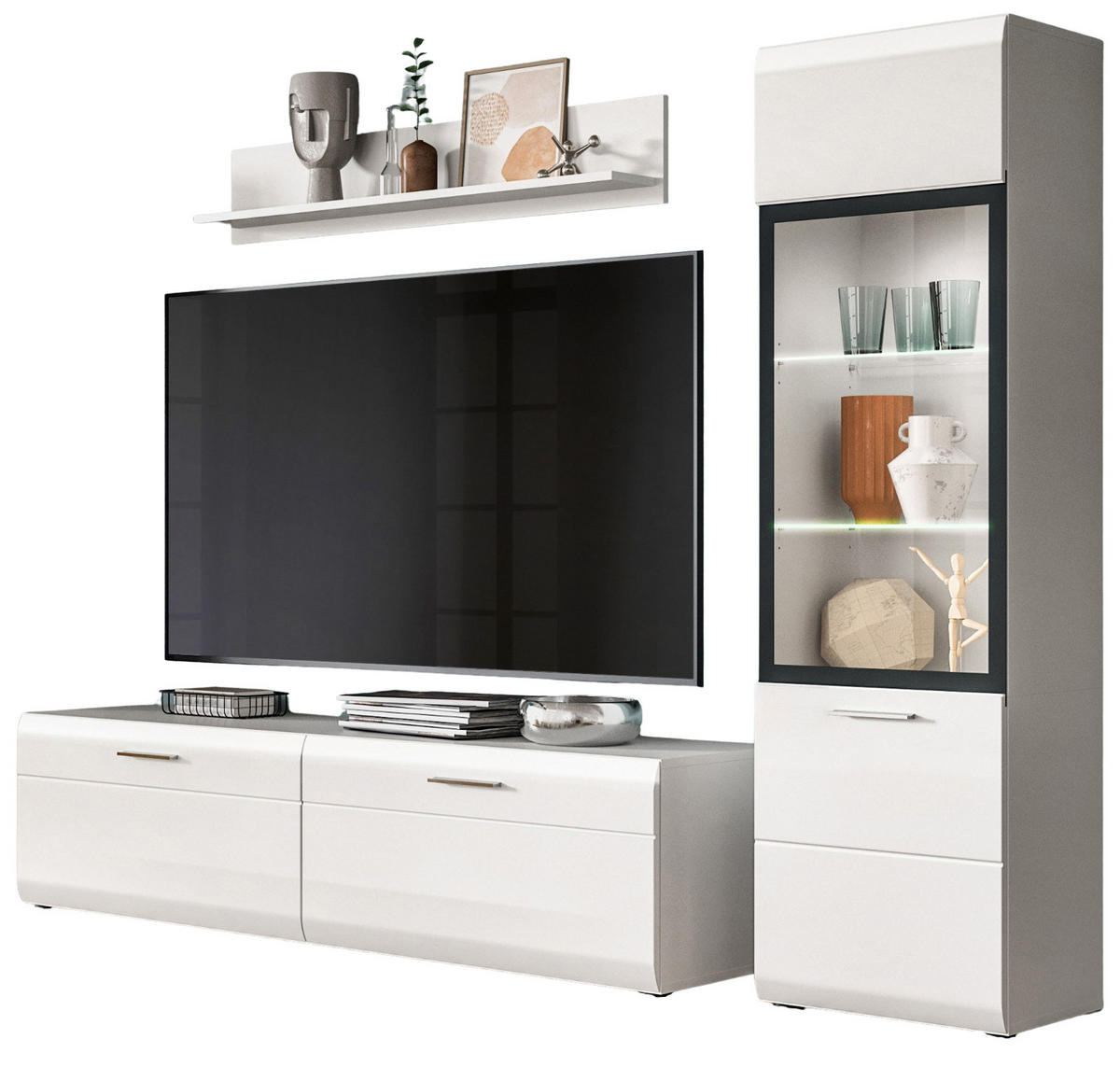 WOHNWAND weiß Hochglanz 3-teilig 220 cm, Schrankwand mit viel Stauraum - Weiß Hochglanz/Silberfarben, Glas/Holzwerkstoff (220/160/41cm) - Inn.Furn