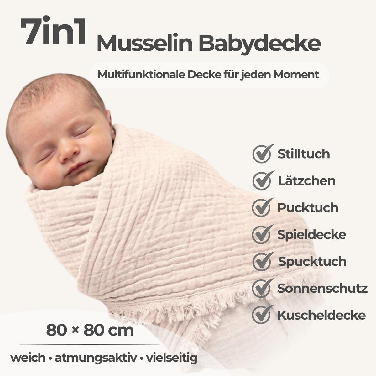 MUSSELINDECKE Babydecke Stilltuch Einschlagdecke Säuglingsdecke Babygeschenk ab Geburt - Naturfarben, Textil (80/80cm) - nordic coast company