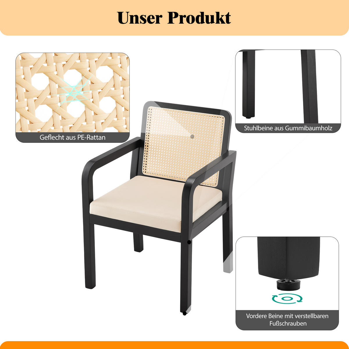 ESSZIMMERSTÜHLE 2er-Set mit Rattan-Rückenlehne - Beige, Holz (56/83/57cm) - Urban Meuble