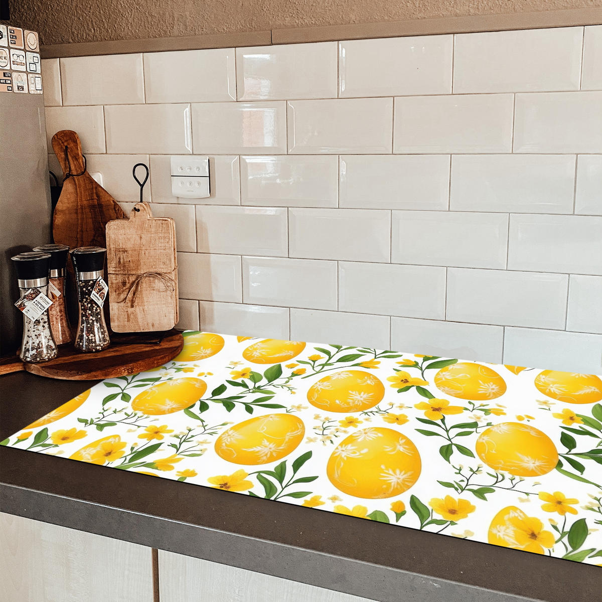 HERDABDECKPLATTE Blumen - Ostereier - Gelb Ceranfeldabdeckung 90x52 cm - Gelb, Kunststoff (90/52/0.2cm) - MuchoWow