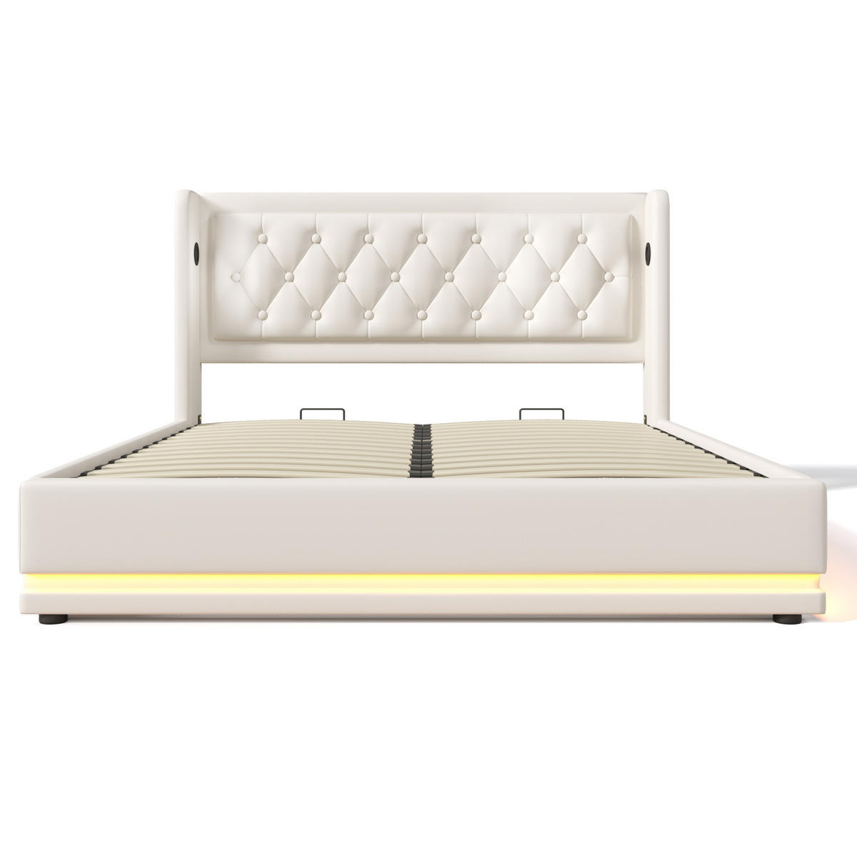 POLSTERBETT 180/200 cm Weiß aus PU mit LED und USB Typ-C - Weiß, Kunststoff (180/200cm) - OKWISH