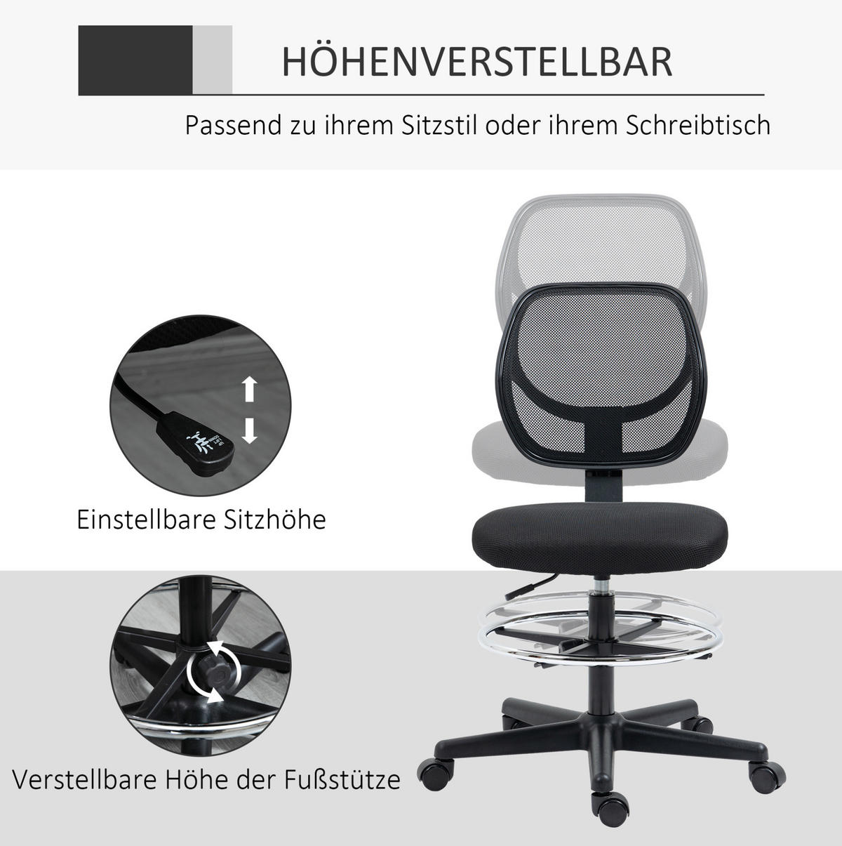 DREHSTUHL 59/61/93-113 cm in Schwarz, höhenverstellbar mit Fußstütze - Schwarz, Kunststoff (61/113/59cm) - Flora Grace
