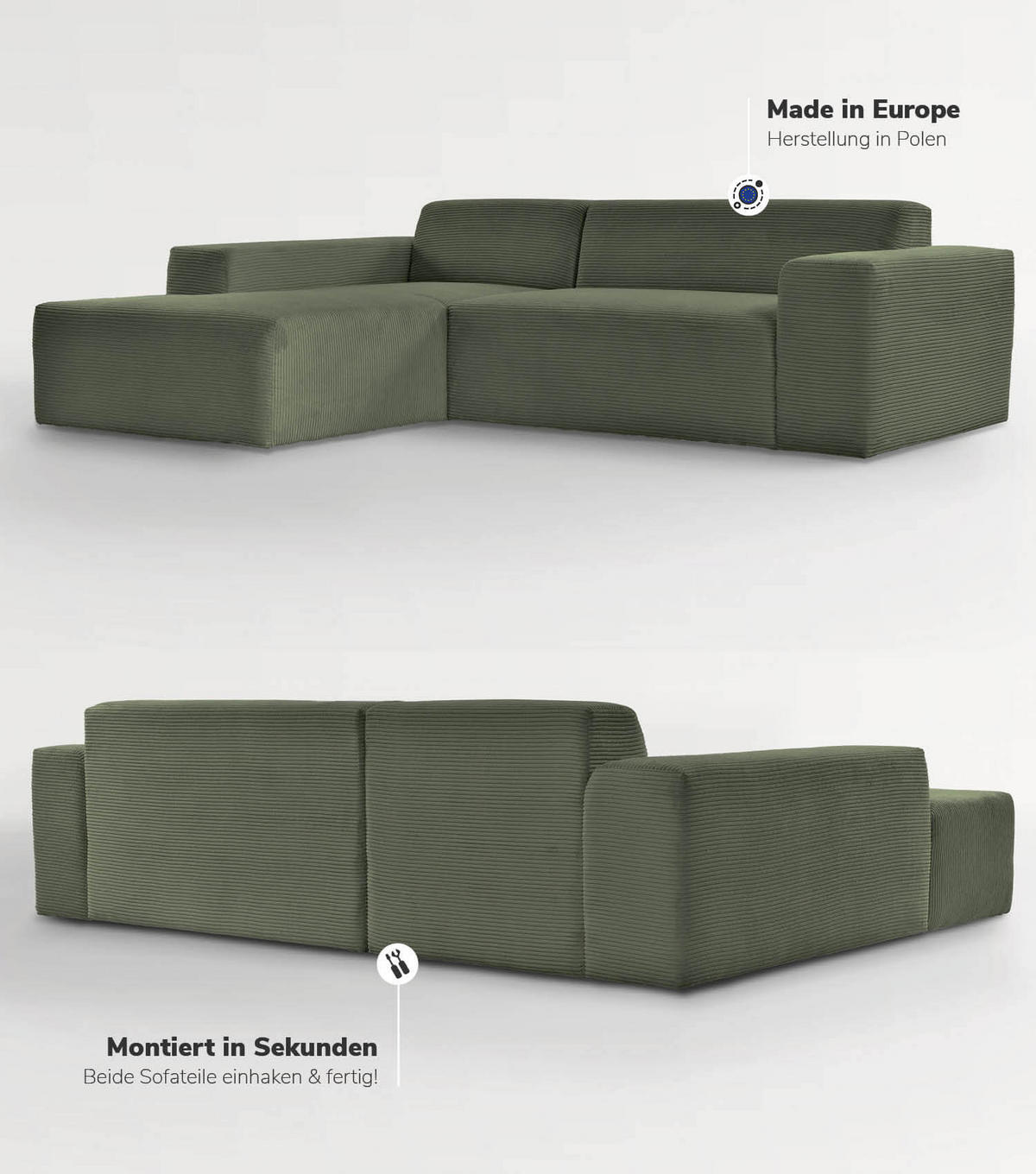 ECKSOFA Die Lässige Recamiere links - Mintgrün, Textil (253/188cm) - Mokebo