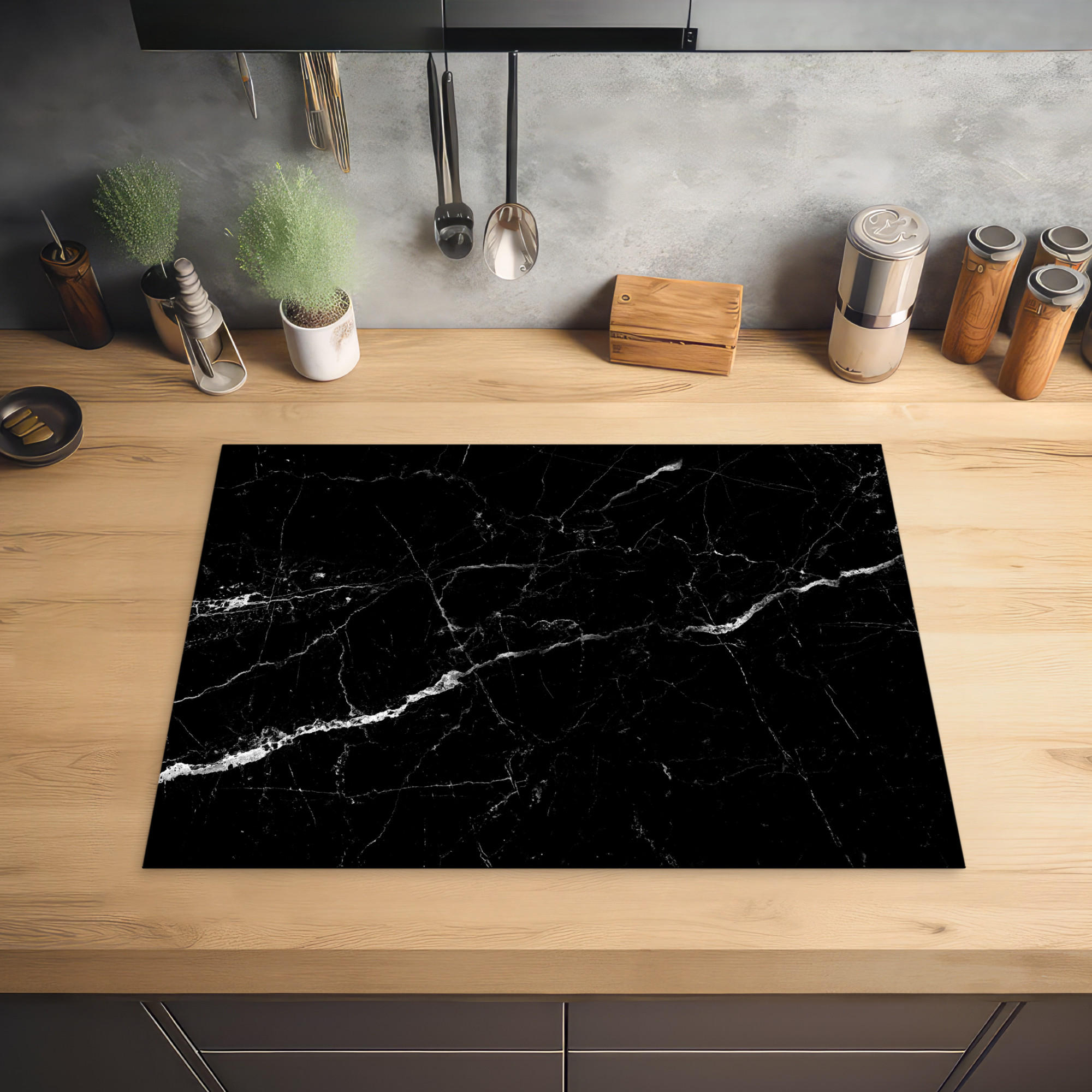 HERDABDECKPLATTE Marmoroptik - Schwarz - Luxus 70x52 cm - Grau, Kunststoff (70/0.2/52cm) - MuchoWow