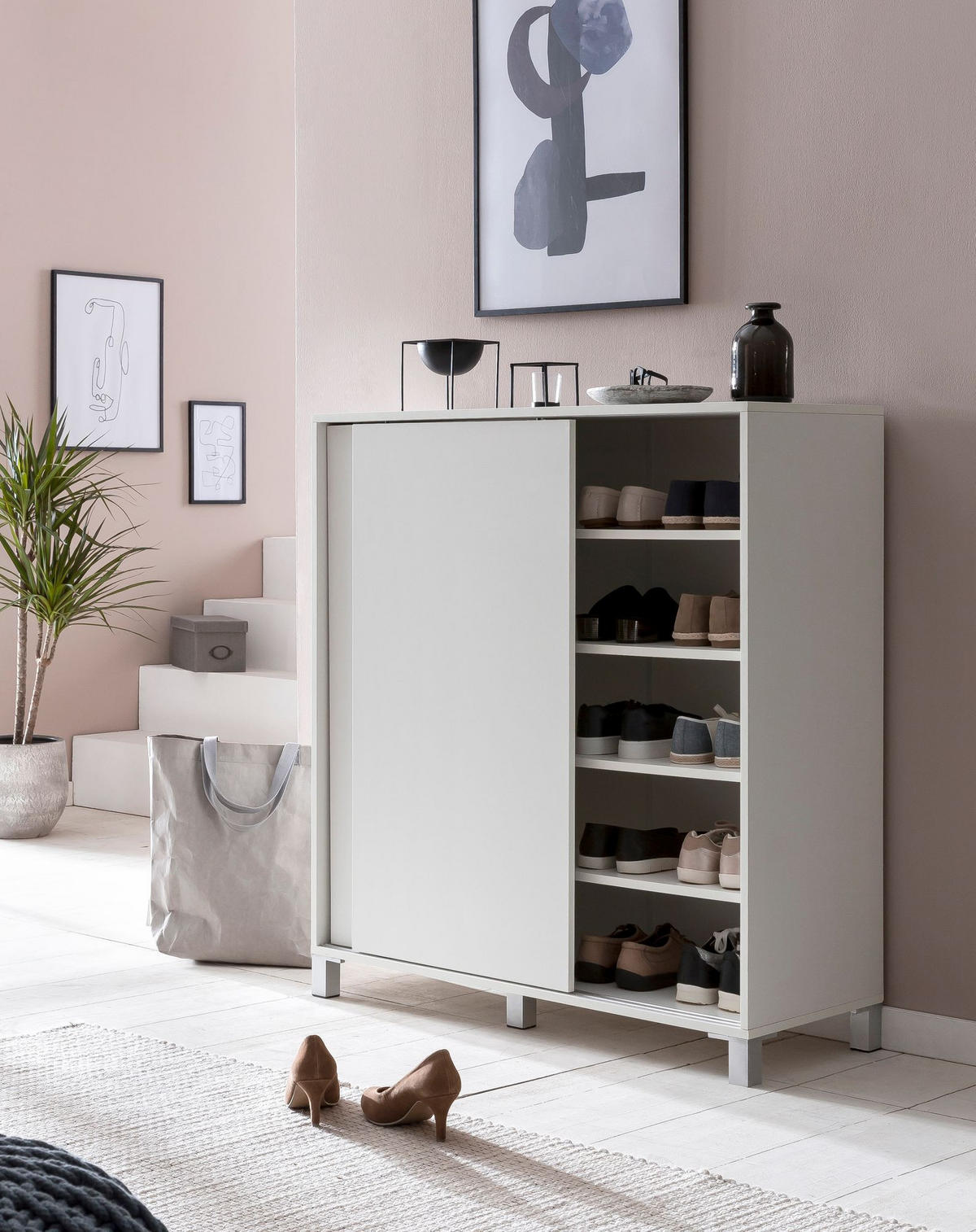 SCHUHSCHRANK Holz für 20 Paar Schuhe mit Schiebetüren, Weiß 100x38x108 cm - Silberfarben/Weiß, Holz/Kunststoff (100/108/38cm) - KADIMA DESIGN