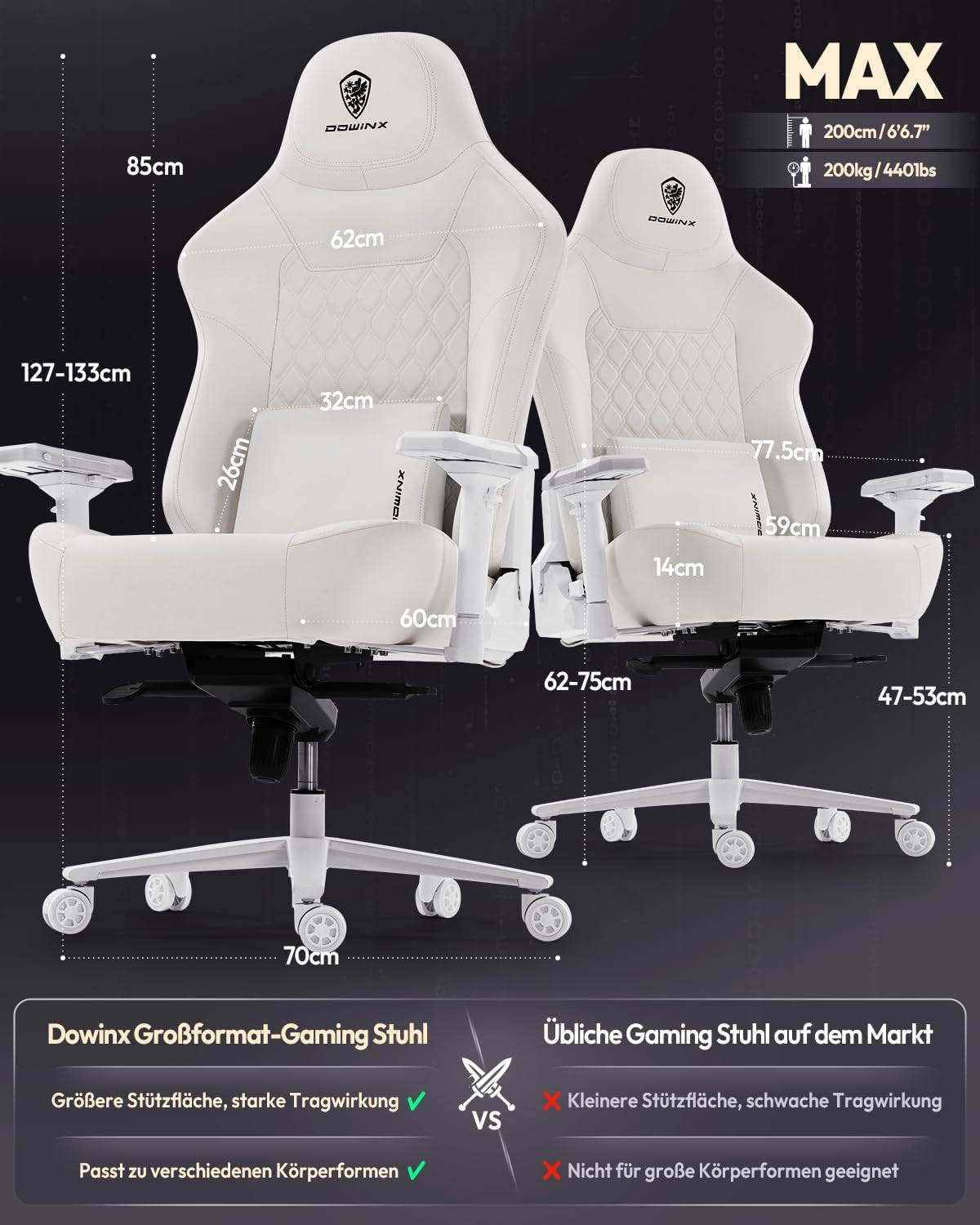 GAMING-STUHL Ergonomischer Bürostuhl &4D Armlehnen, Höhenverstellbarer - Weiß, Leder (70/133/70cm)