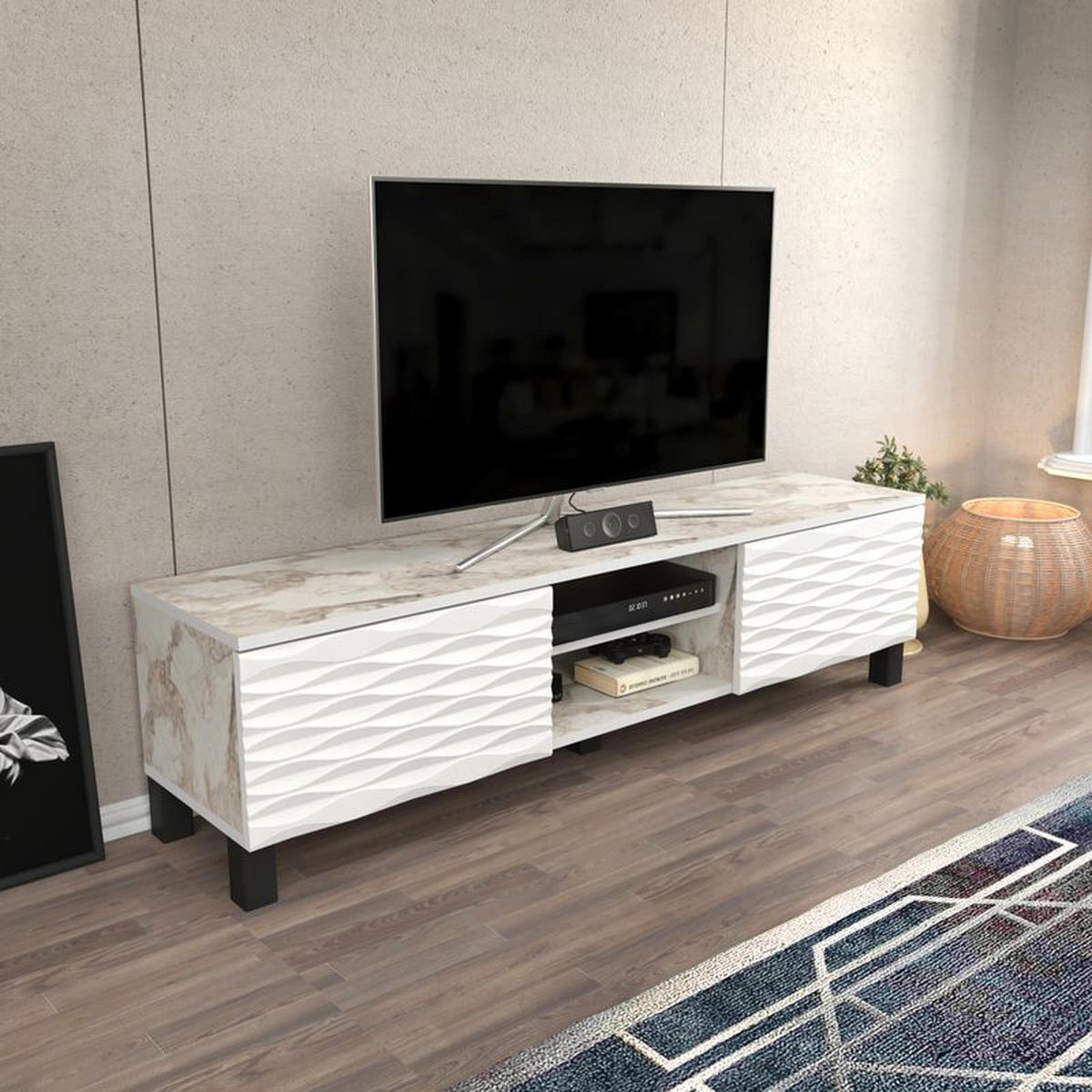 TV-ELEMENT Lukas weißer Marmor Weiß - Beige/Weiß, Holzwerkstoff (150/40.3/35cm) - Decorotika