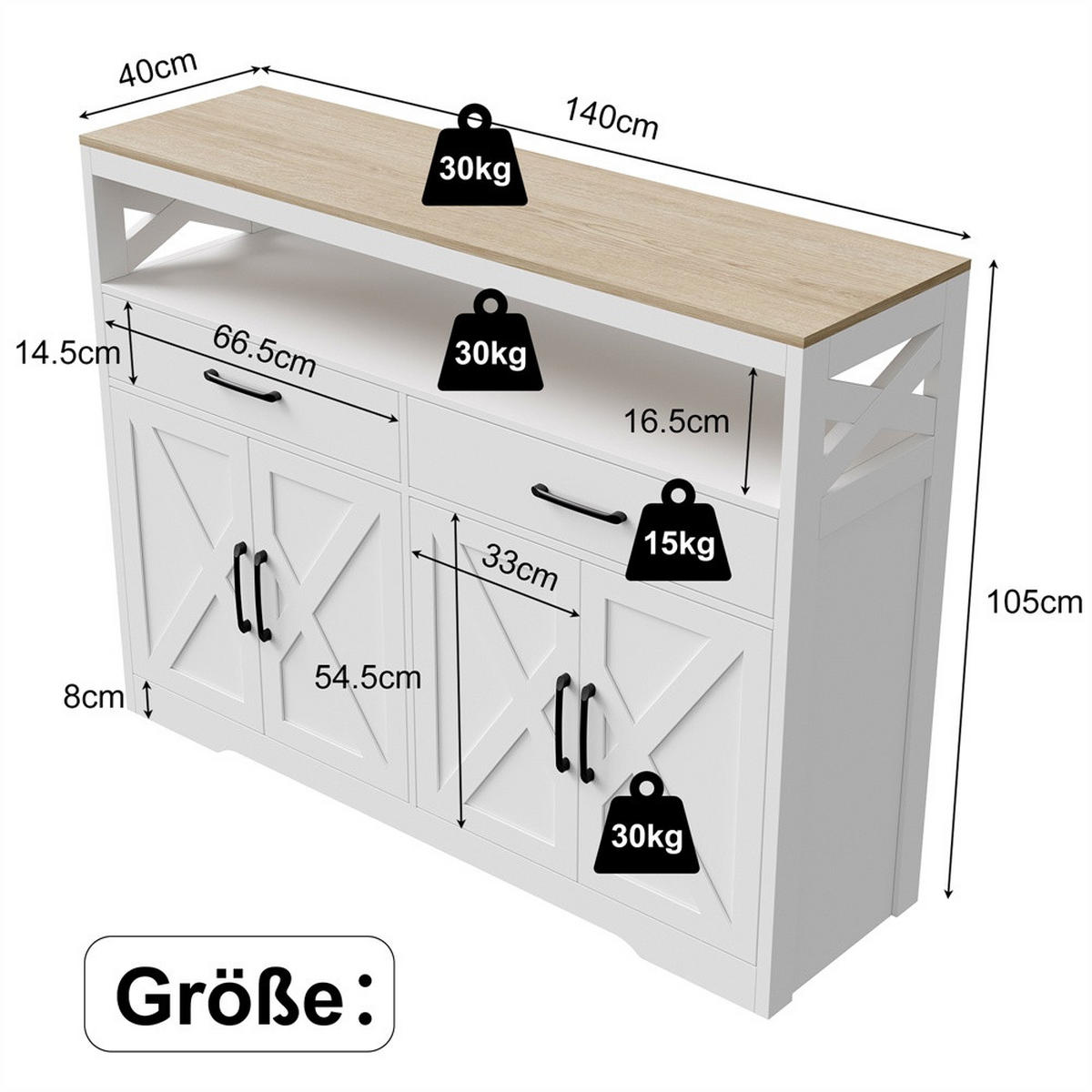 SIDEBOARD mit 2 Schubladen und 2 Türen - moderne skandinavische Optik und schwarze Griffe - Weiß und Natur - Weiß, Holzwerkstoff (140/105/40cm) - DELFA