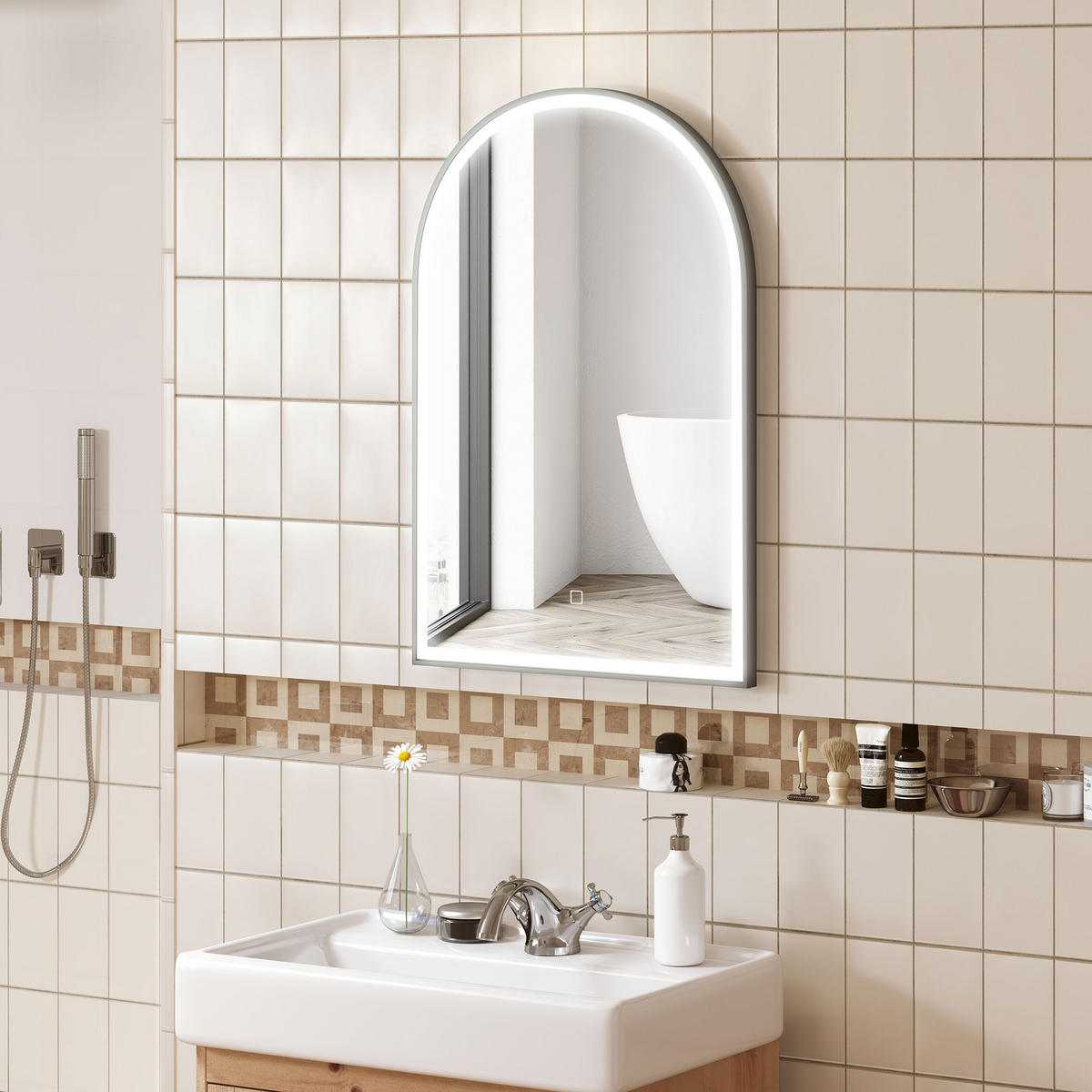 BADEZIMMERSPIEGEL DE-15167 gewölbt mit 3 LED-Farben und Antibeschlag Silber - Schwarz, Glas (3/60/90cm) - ComfortXL
