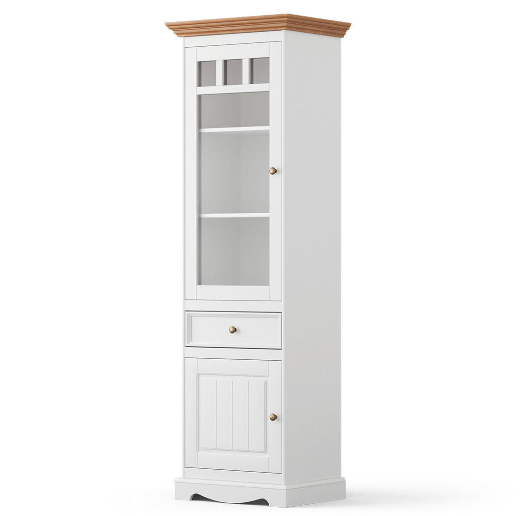 VITRINE Belluno Elegante Kiefer weiß (RAL9010) lackiert / Kiefer gebeizt, Eichefarben 59,5 / 44 / 190cm - Eichefarben/Weiß, Holz/Metall (60/190/44cm) - Feldmann-Wohnen