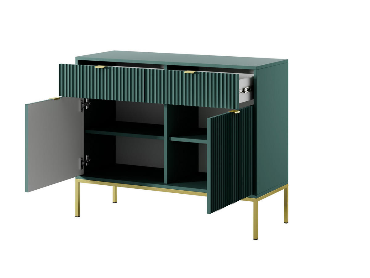 KOMMODE NOVA, Geriffelte Front, 2-Türen, 2-Schubladen 104x39x83 cm, Labrador - Türkis/Goldfarben, Holzwerkstoff/Kunststoff (104/83/39cm) - DomoHome