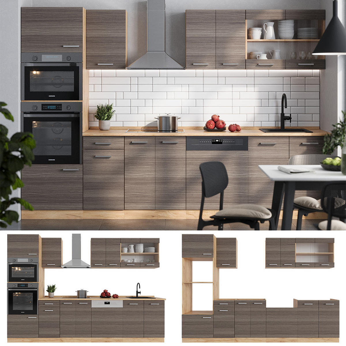 KÜCHENZEILE R-Line Edelgrau/Goldkraft Eiche 300 cm mit Hochschrank, ohne Arbeitsplatte - Honigeiche/Braun, Holzwerkstoff (300/81.6/46cm) - Vicco