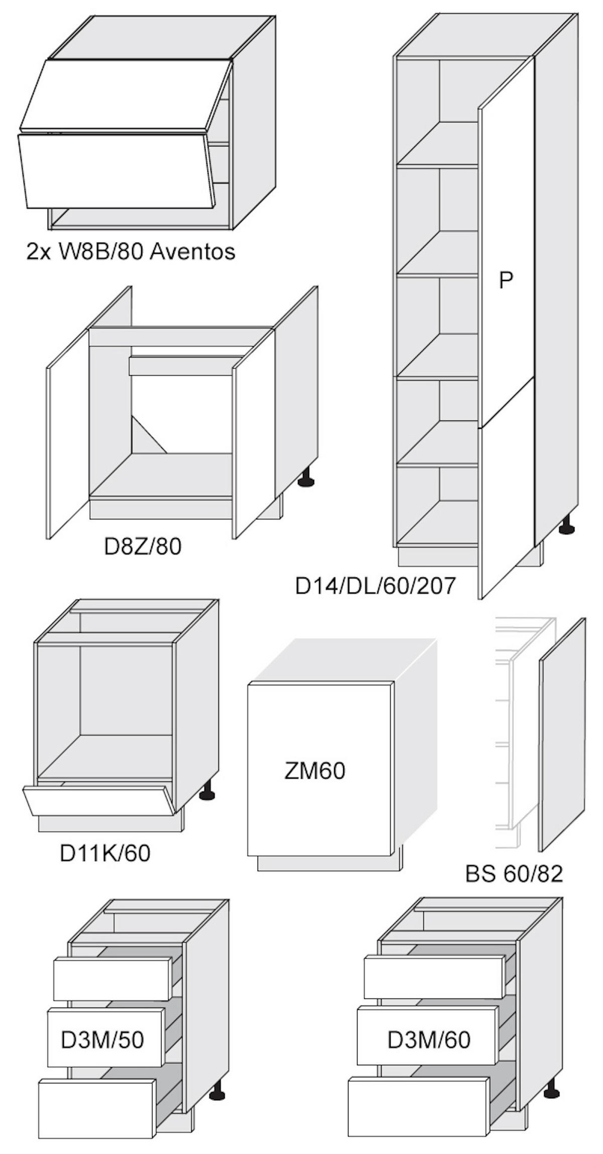 KÜCHENLEERBLOCK Florence weiß / RAL 7015 (K5) schiefergrau matt 372,3 / 60 / 207cm 8-teilig - Weiß/Grau, Holzwerkstoff (392.2/207/59cm) - Feldmann-Wohnen