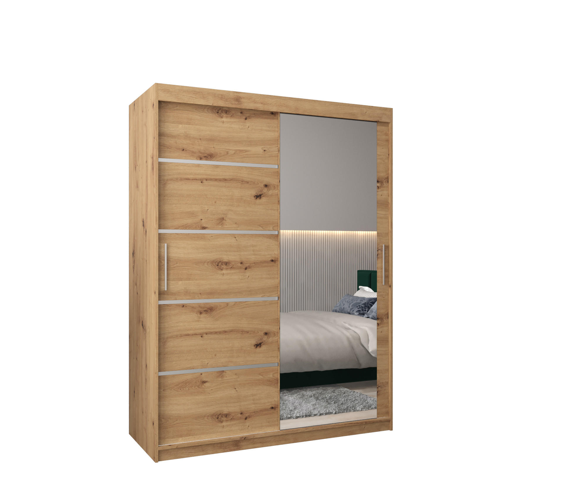 Abiks Möbel Schwebetürenschrank Eiche Artisan, Silber 150x200x62 cm