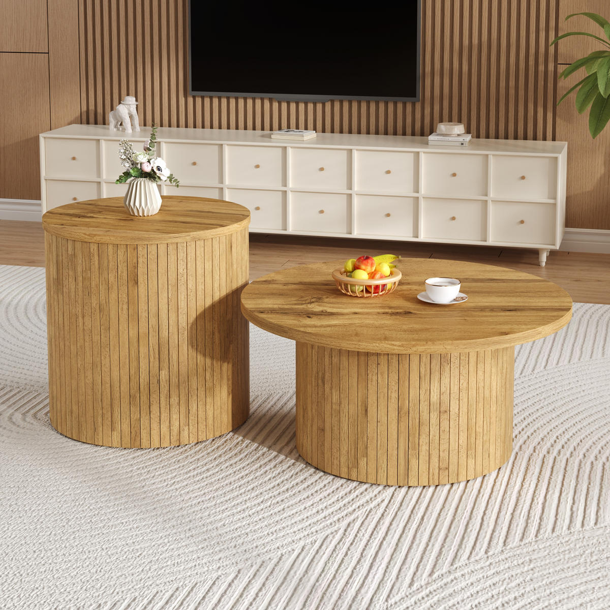 COUCHTISCH in Naturfarben Wohnzimmertisch- Set mit 2 runden Tischen, B75/T75/H36cm und B50/T50/H50.5cm - Naturfarben, Holzwerkstoff (75/75/50.5cm) - STILVORA