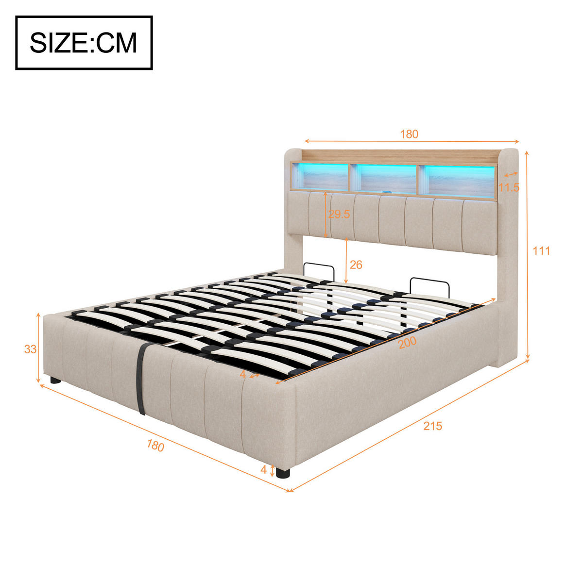 POLSTERBETT 180/200 cm Beige mit Stauraum, LED-Beleuchtung und USB - Beige, Textil (180/200cm) - Flora Grace