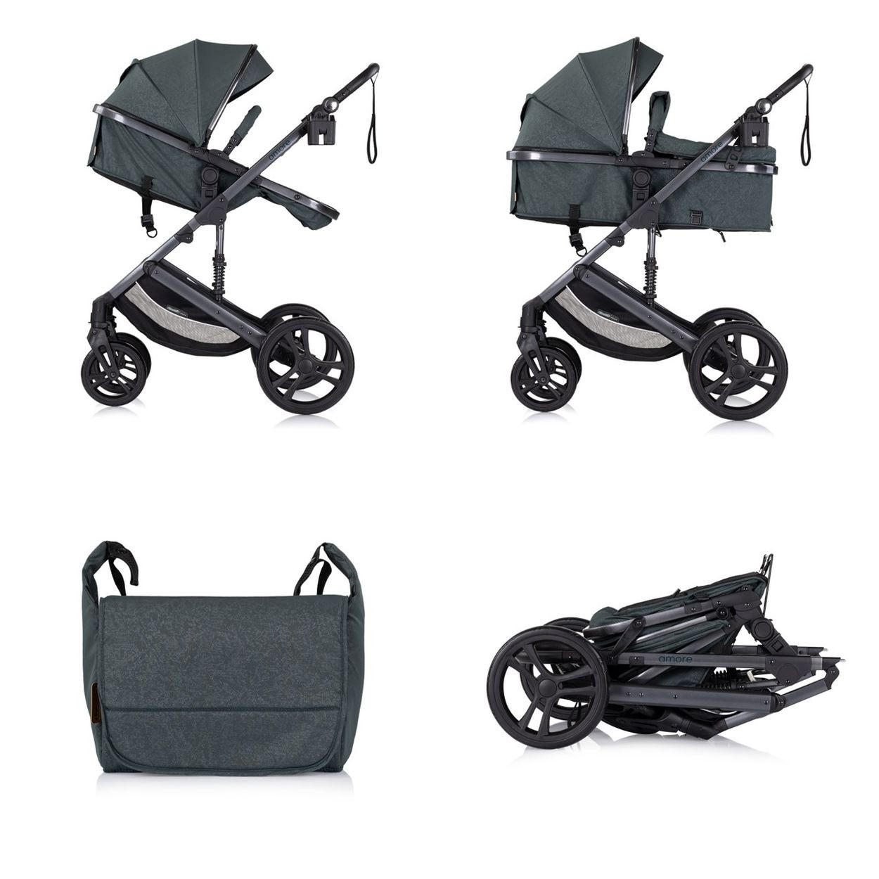 KOMBIKINDERWAGEN 2 in 1 Amore tuerkis Getränkehalter Wickeltasche Fußabdeckung Korb - Türkis, Metall (95/63/105cm) - Chipolino