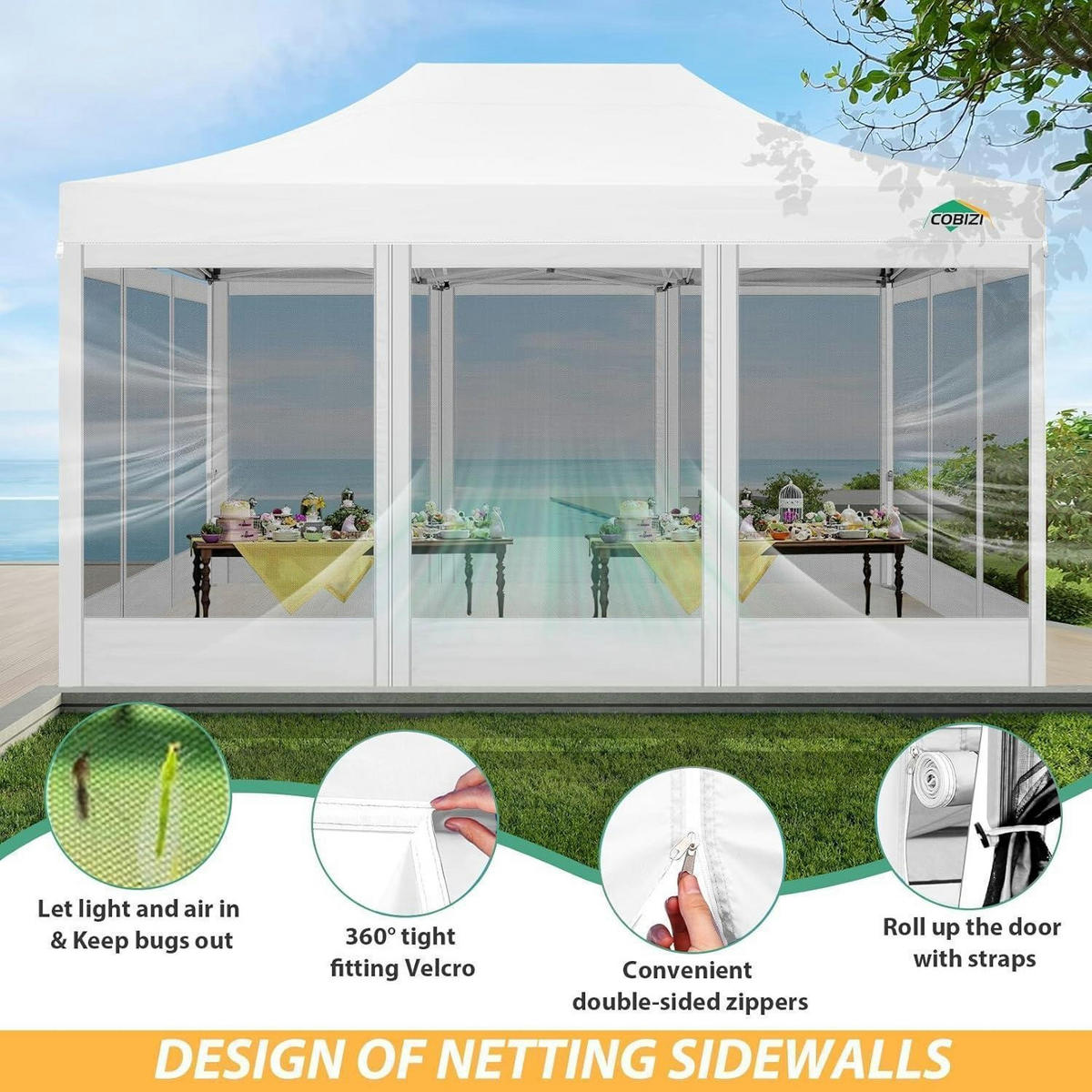 GARTENPAVILLON 300 x 450 cm Wasserdicht mit 4 Netz-Seitenwänden Khaki Weiß - Weiß, Textil (300/335/450cm)