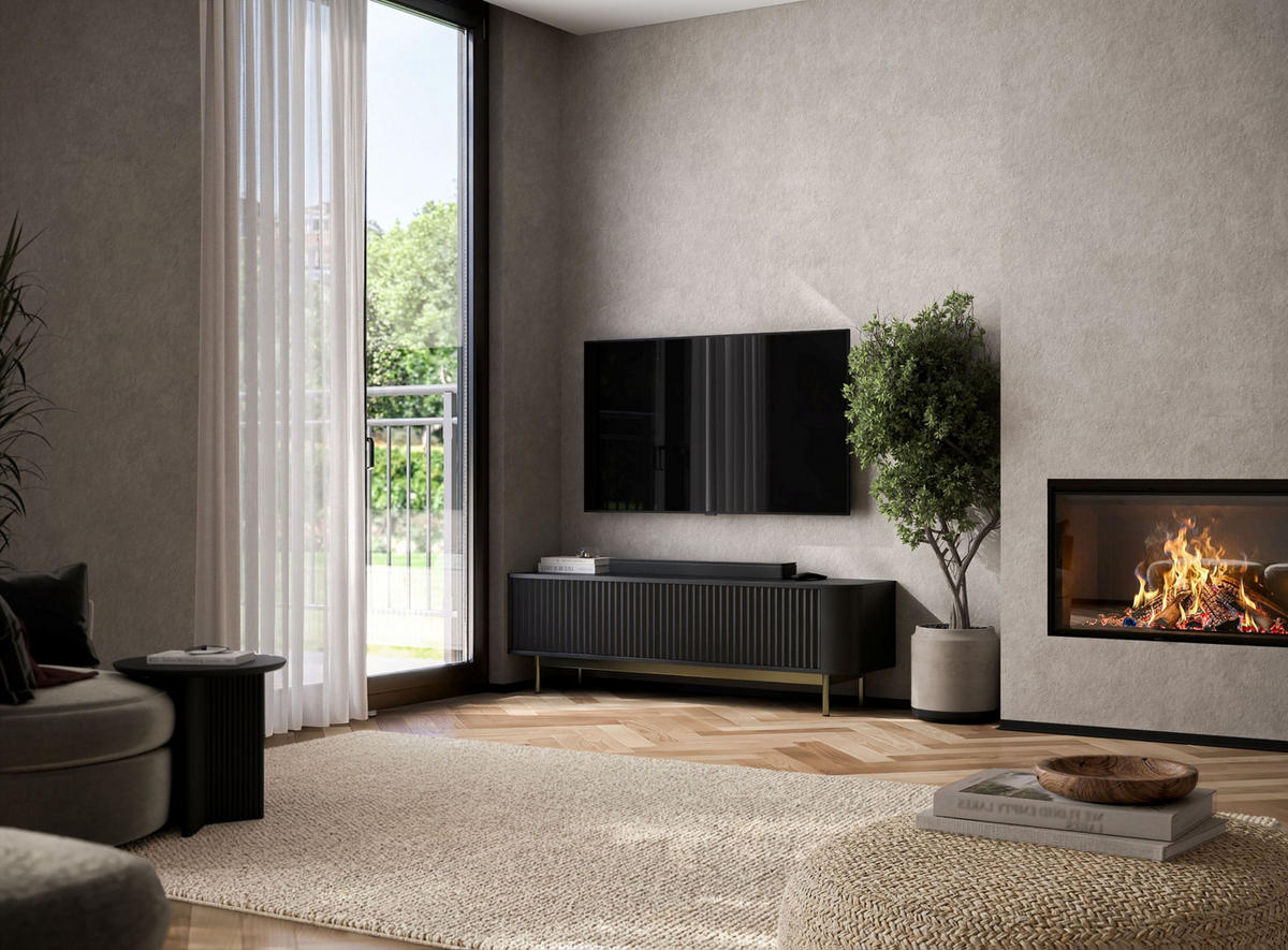 TV stolek Aurora černý matný 140 cm se zlatým kovovým rámem - černá/zlatá, kov/kompozitní dřevo (140/44/35cm) - Meble Lindner