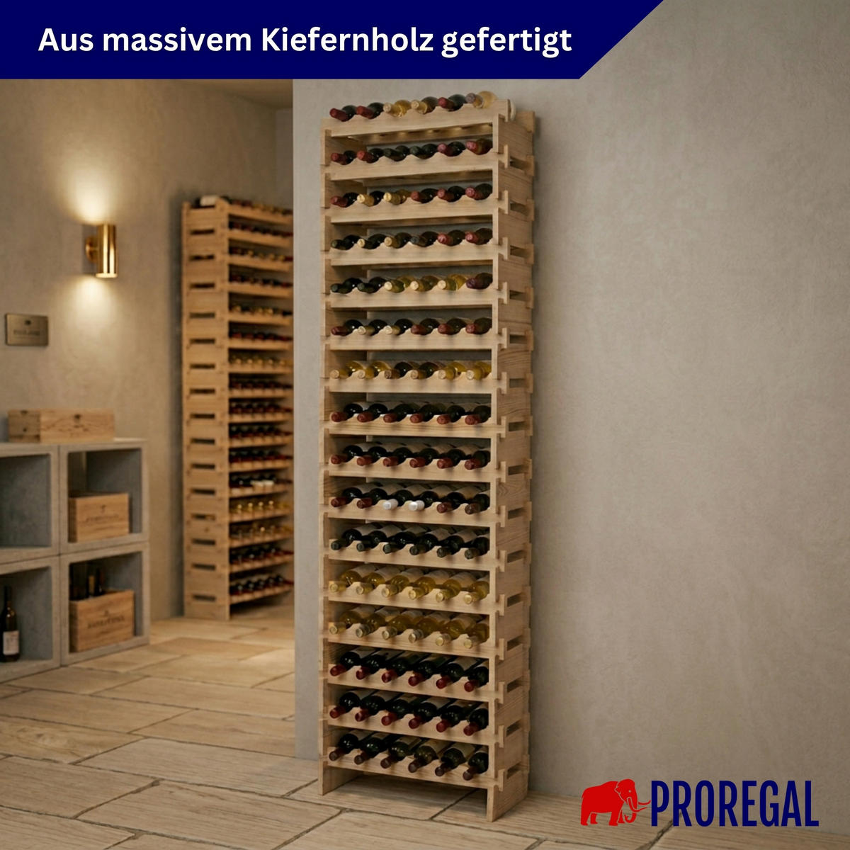 WEINREGAL NAVARRA aus Holz 219x65x28cm 96 Flaschen auf 16 Ebenen Natur unbehandelt - Naturfarben, Holz (65/219/28cm) - PROREGAL